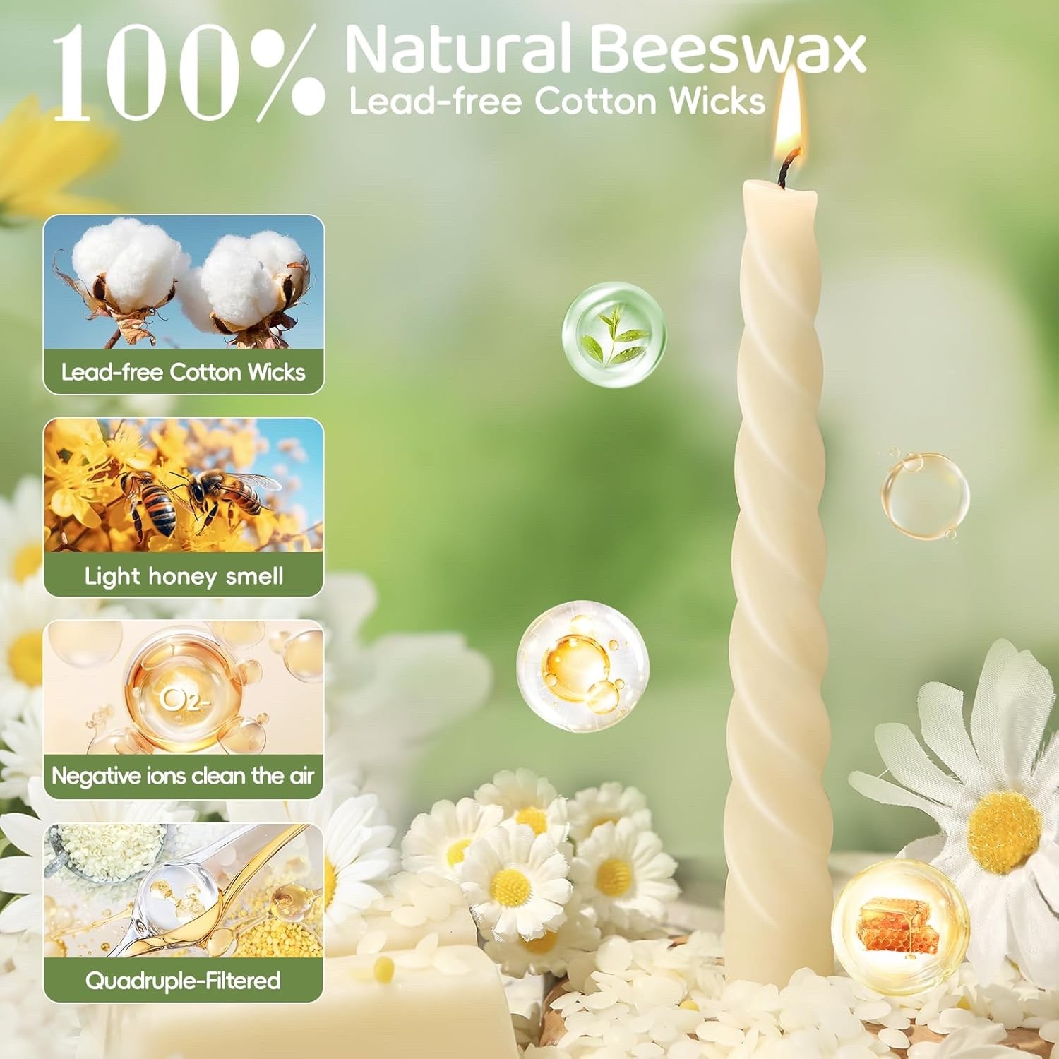 8 Pcs Beeswax 7 inch Taper Candles Spiral Bees Wax Tapered Candle White