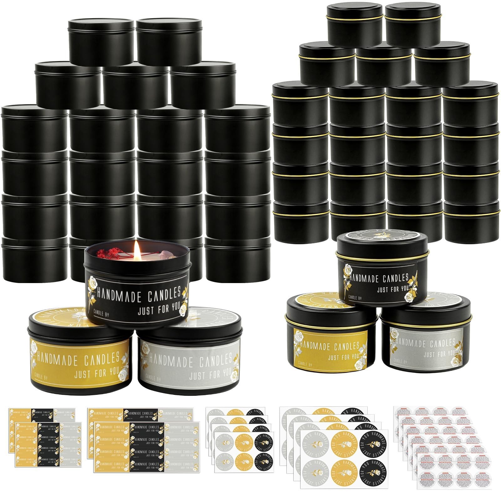 48 Pack Matte Black Candle Tins – 24x8oz & 24x4oz Containers for Candle Making,