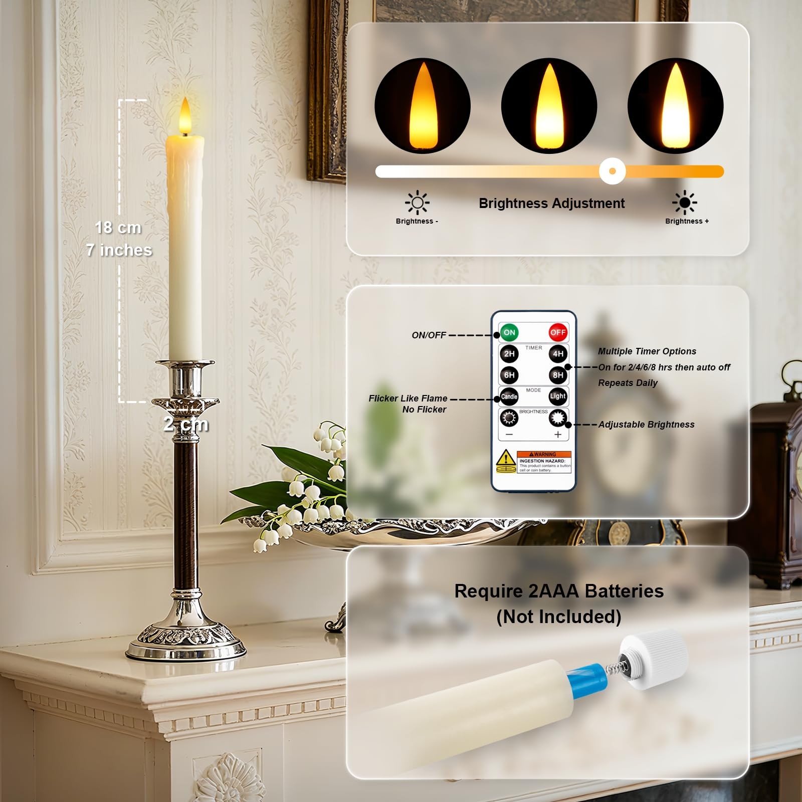 7 Inches Dripless Flameless Taper Candles with Remote Timer Dimmer, Real Wax …