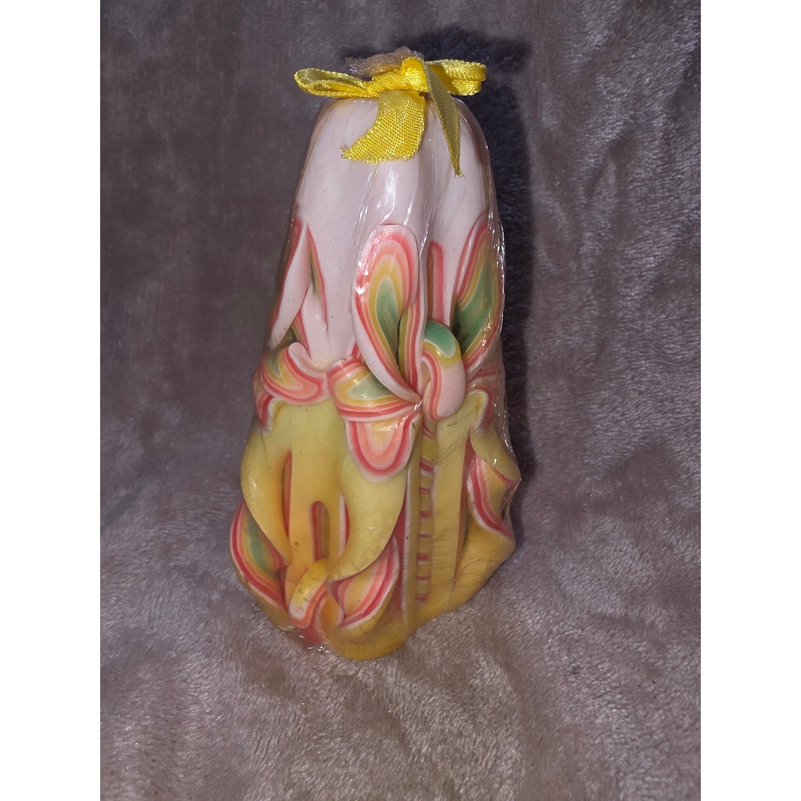 Vintage Hand Carved Pillar Candle Yellow Pink Green Layered Ribbon Wax Art Decor