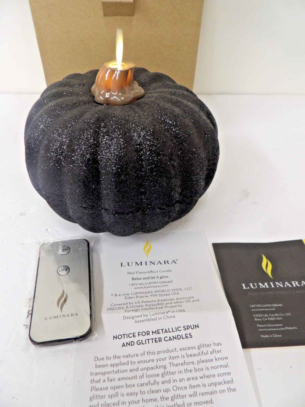 Luminara Black Glitter Pumpkin Flameless Flickering Halloween Fall Candle 6″