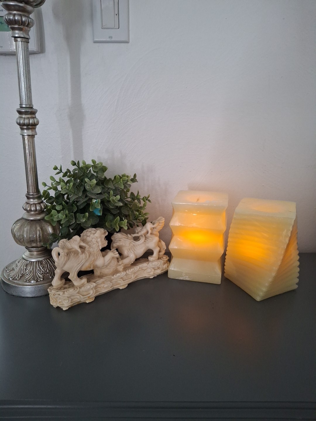 2 Flameless Candles New Yellow/Butter 6″x4″ Vanilla Scented Modern Abstract