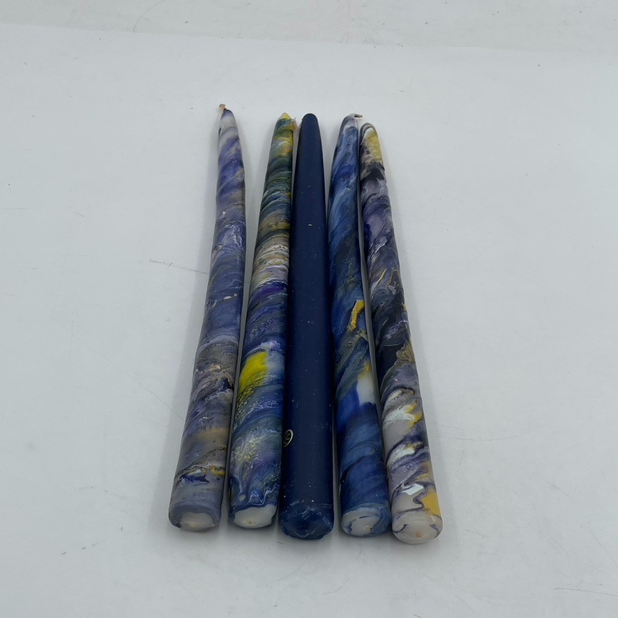 Vintage Mid-Century MCM Set of 5 11.5” Taper Candles Purple Gold Swirl “Tie Dye”