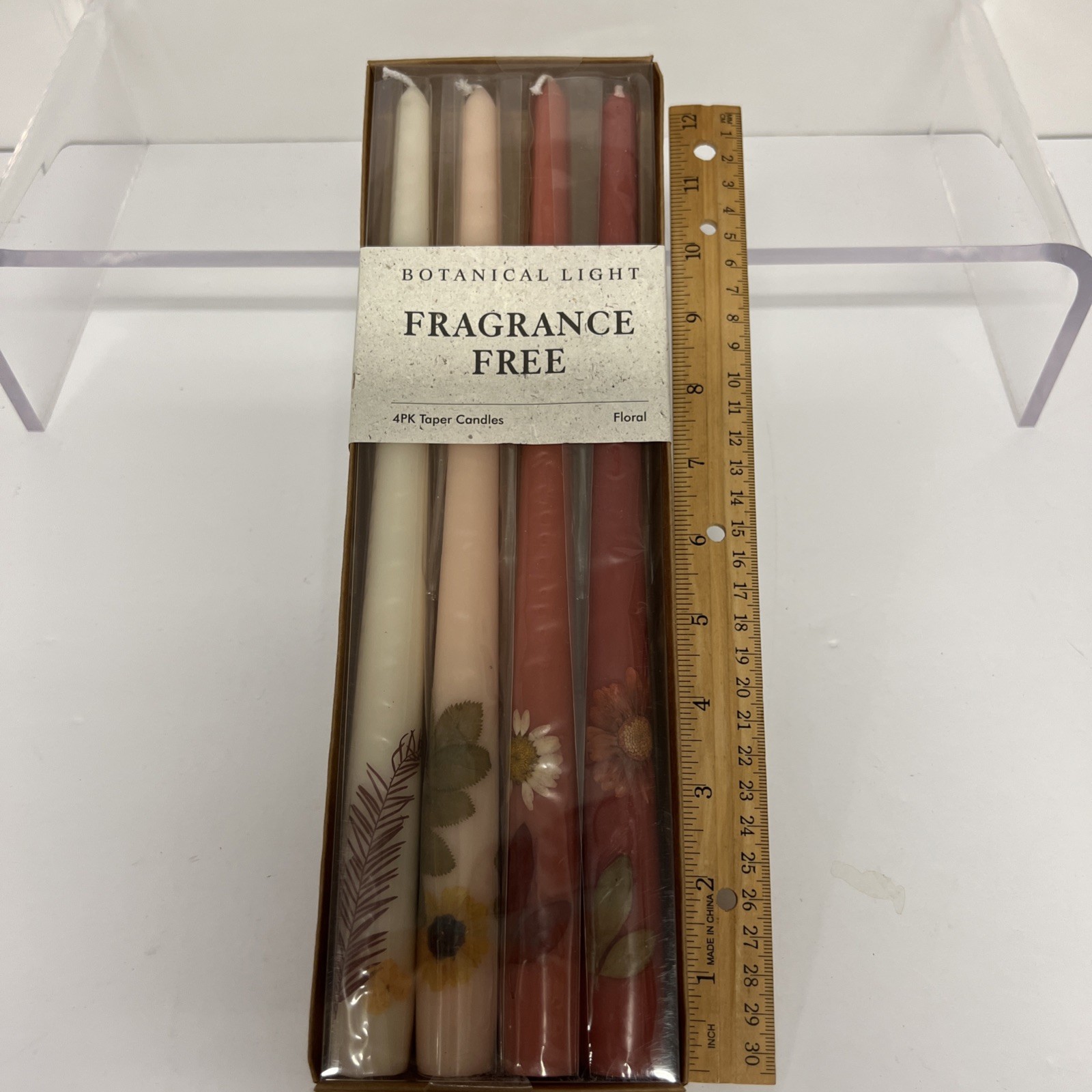 Botanical Taper Candles Set of 4 12” Fragrance Free Floral Decorative Candles