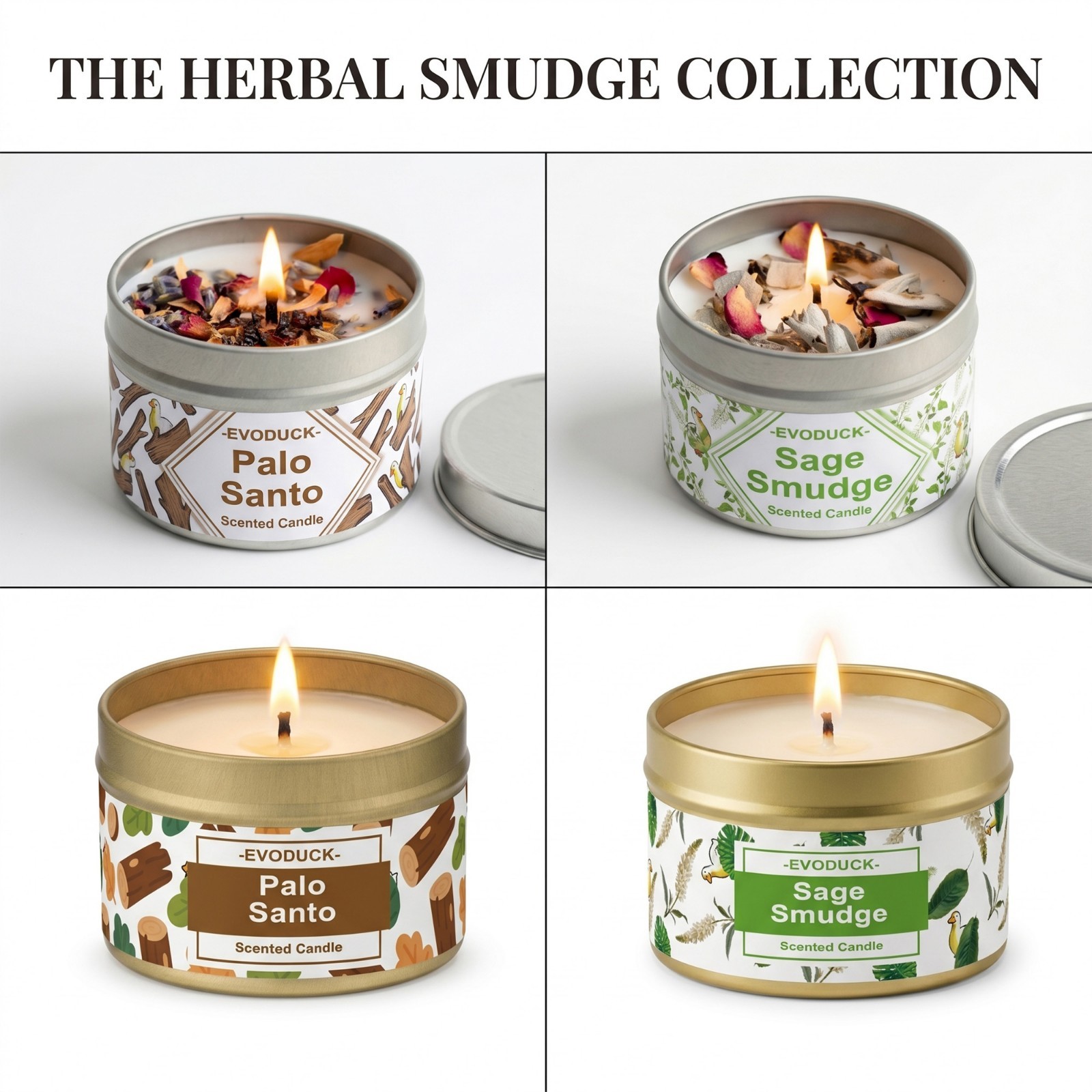 2 Pack Sage & Palo Santo Smudge Candle Soy Cleansing Dried Botanicals Gift Set