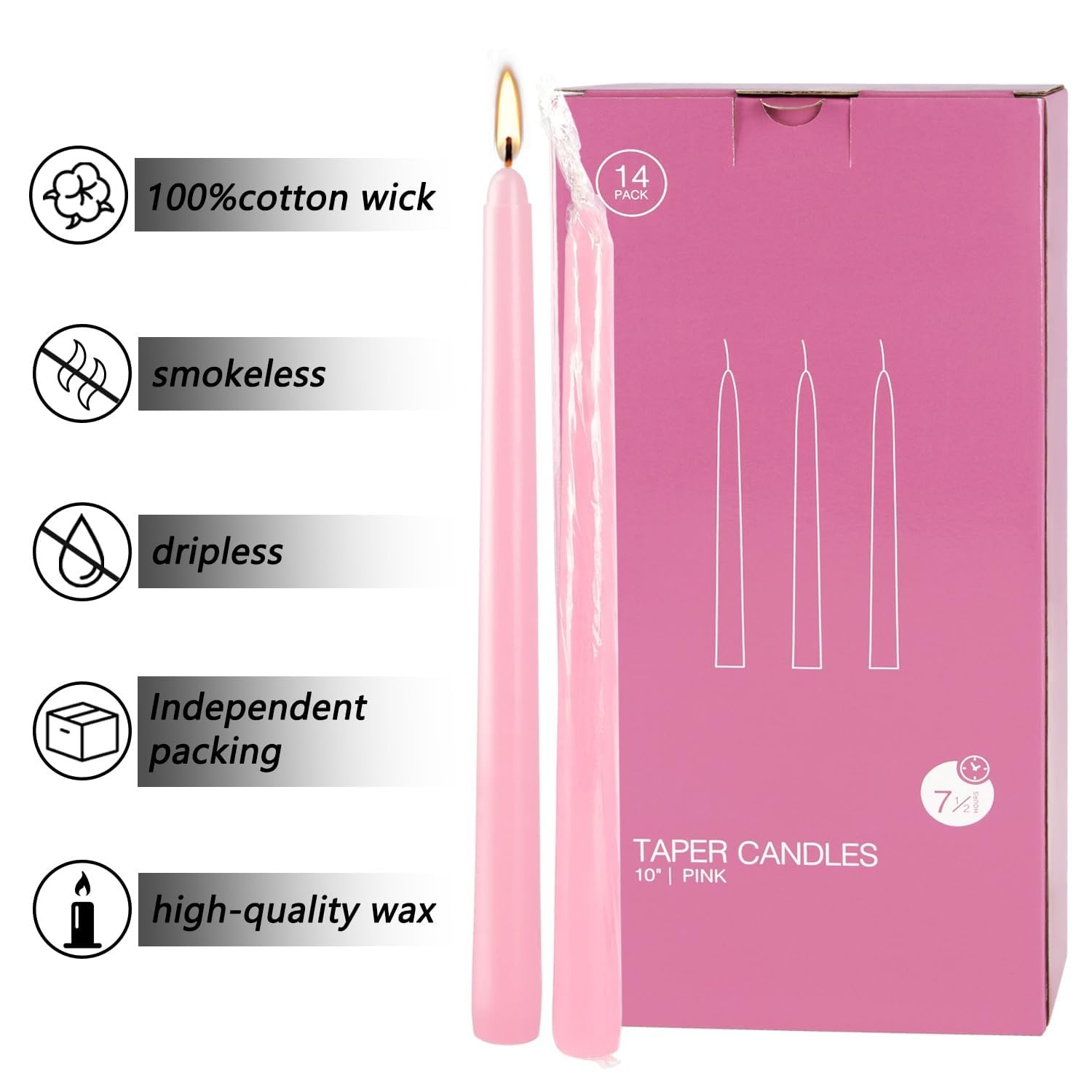 14 PCS Pink Taper Candles 10 Inch Unscented Dripless Long Burning Wedding