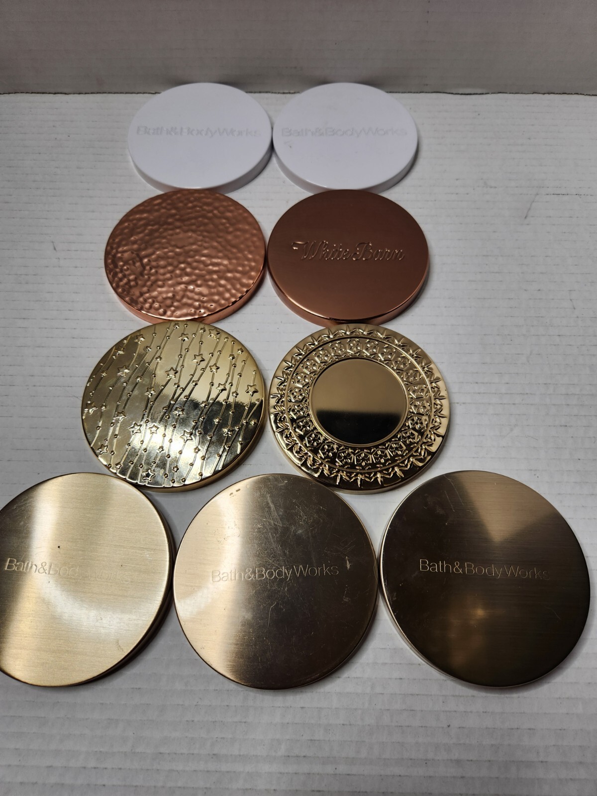Bath & Body Works 3 Wick Candle Lids White Rose Gold Hammered Copper Metal Star