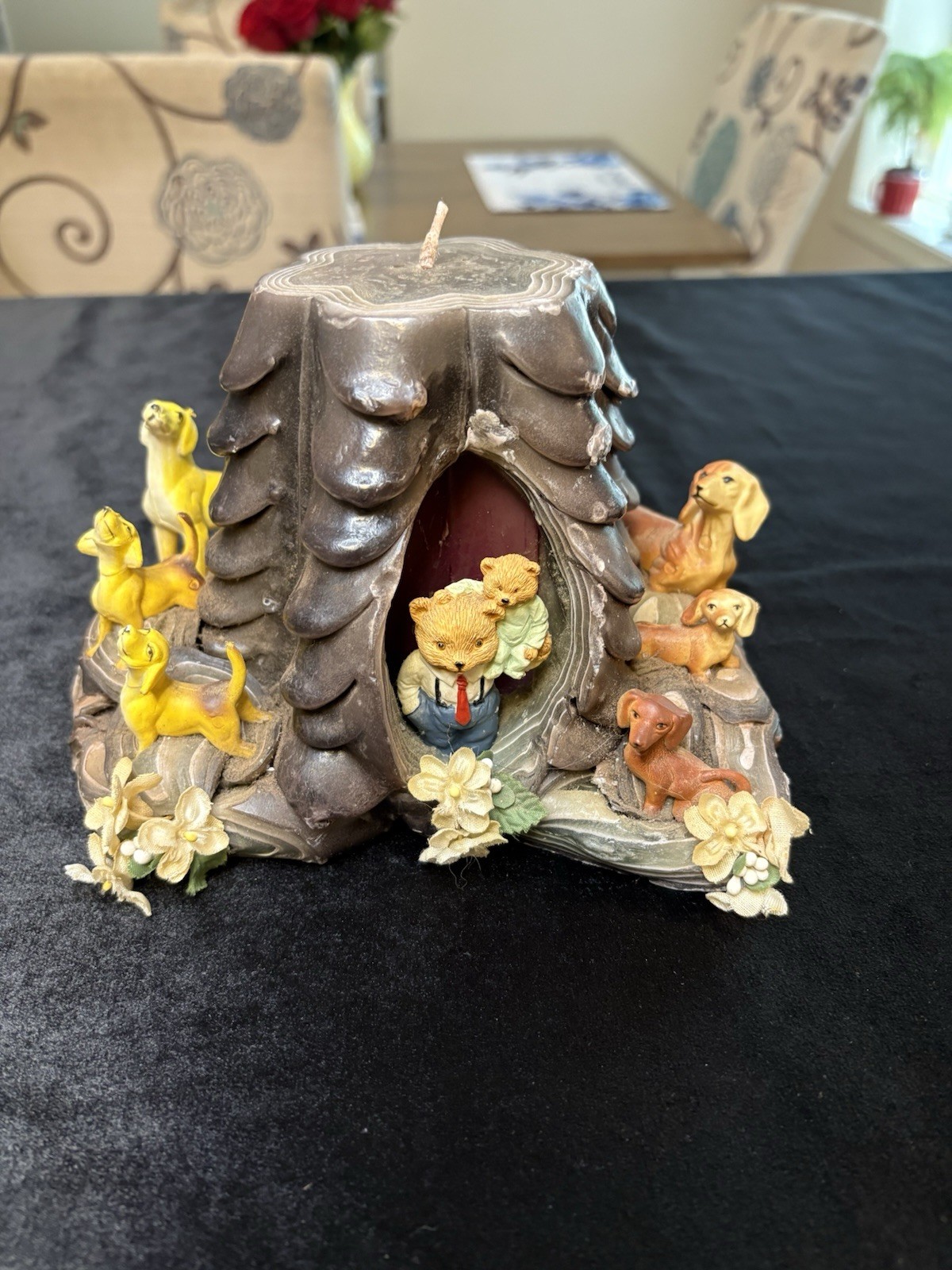 Vintage Tree Stump Wax Art Candle / Whimsical Woodland Animal Figurines