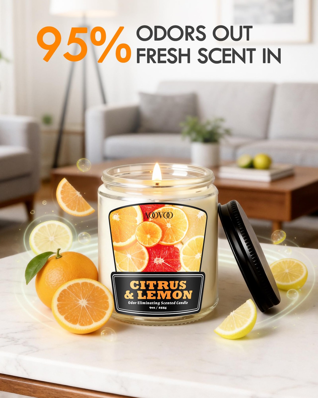 AOOVOO 4 Pack Citrus Lemon Odor Eliminating Candle Set – 36 oz Non Toxic | El…