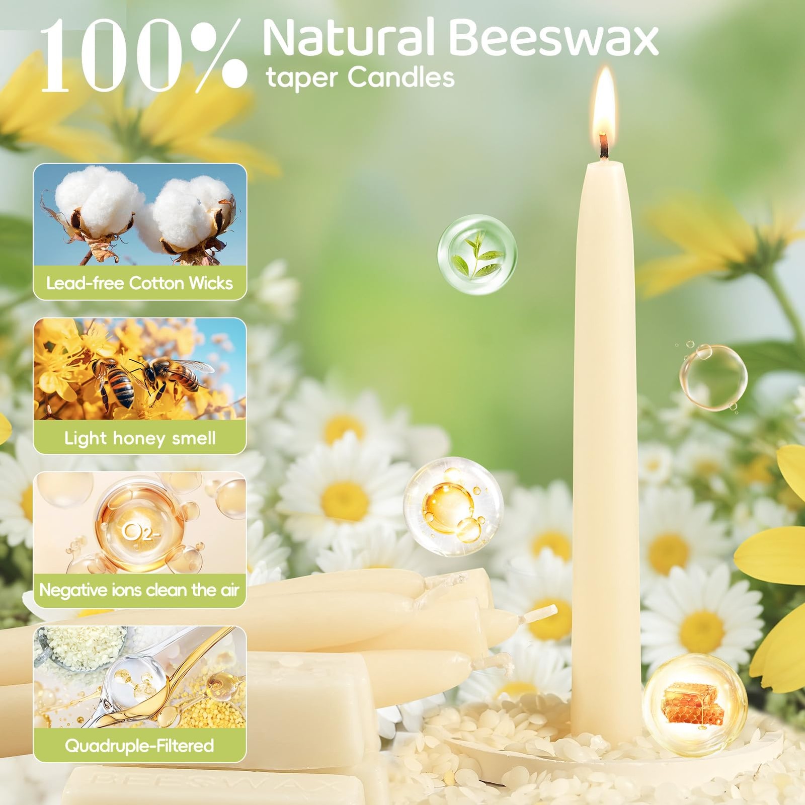 Velas cónicas de cera de abeja, vela de cera de abeja blanca pura que no gotea