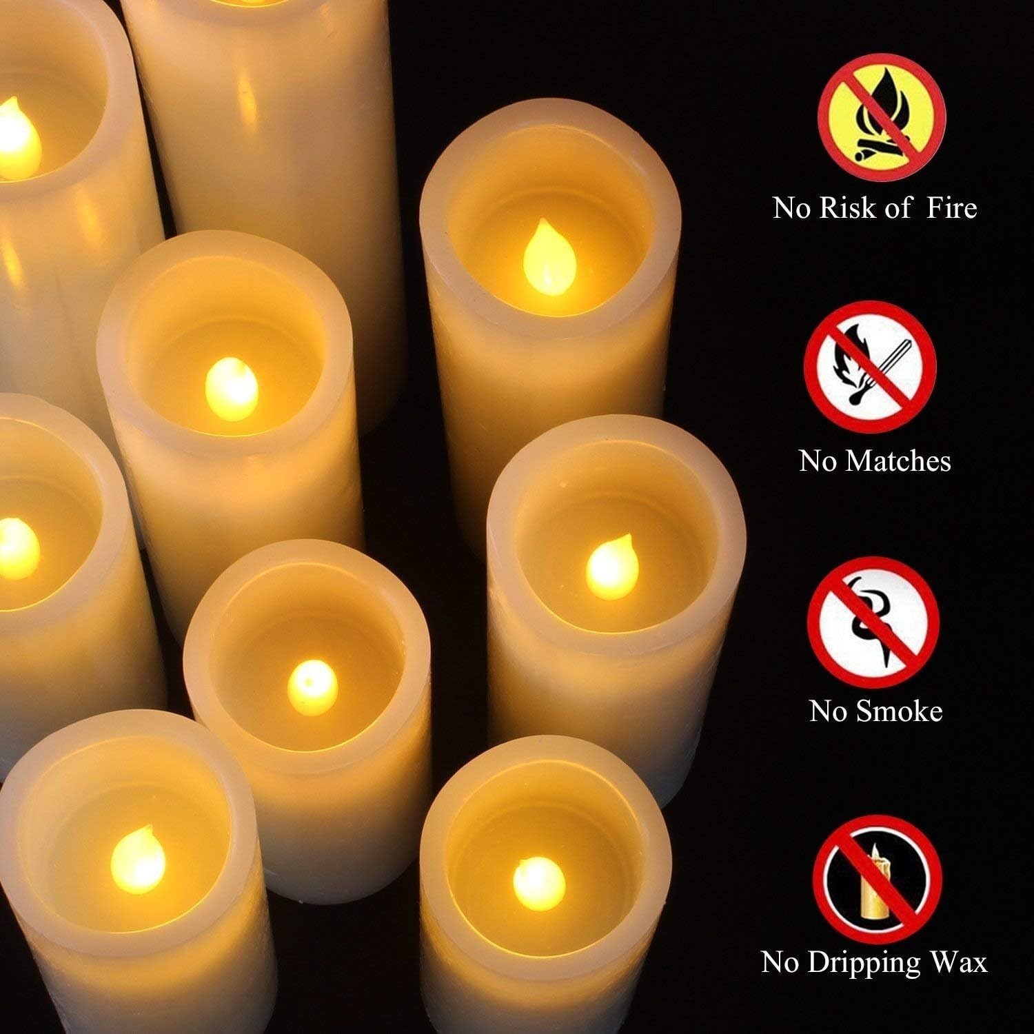 Set of 9 Cordless Ivory Flameless Pillar Candles with Remote Control & Timer