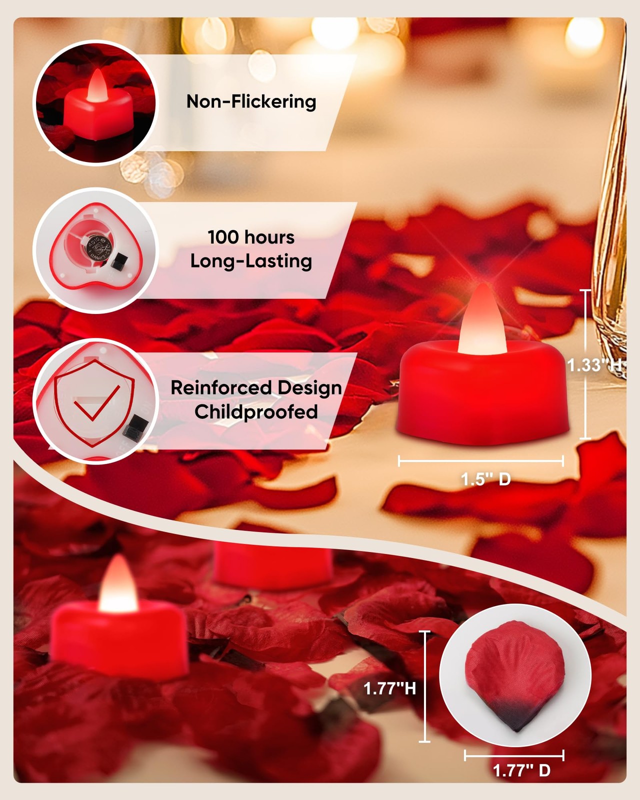 1000 Pieces Red Artificial Rose Petals with 12 Red Heart LED Tea Lights, Rose