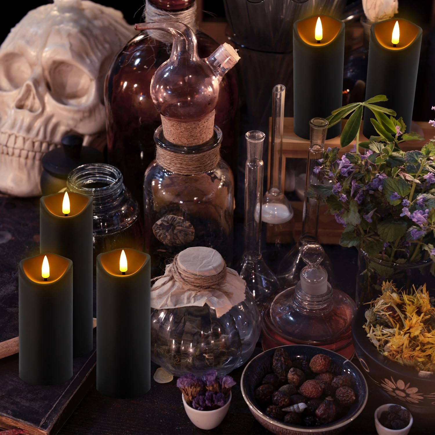 Set of 24 Flickering Black Flameless Candles, Battery Operated LED Pillar Can