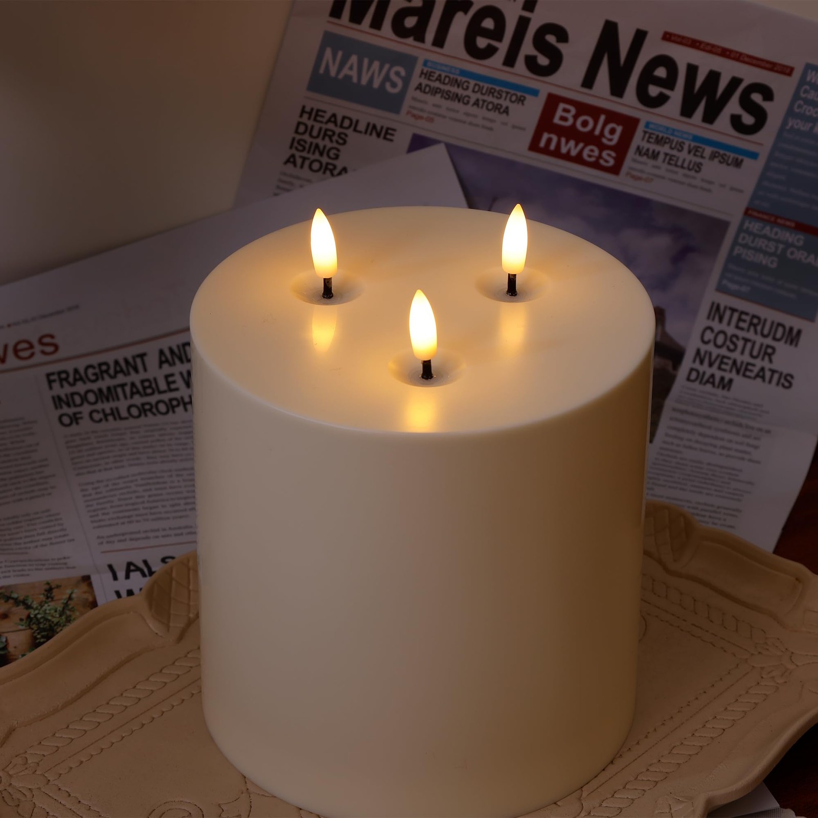 SEHNSY Ivory 6″ x 6″ Large Outdoor Waterproof Flameless Candle 3 Wick Plastic