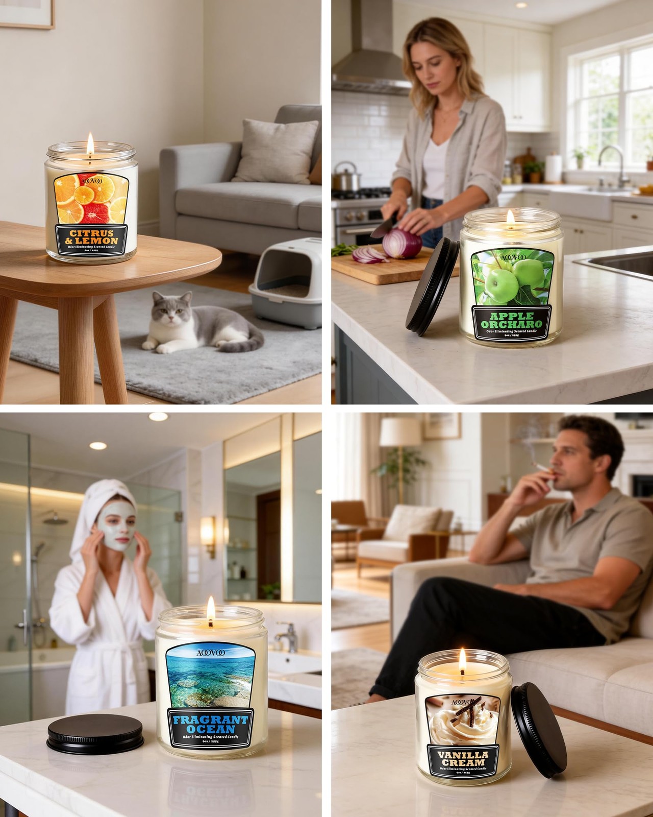 AOOVOO 4 Pack Citrus Lemon Odor Eliminating Candle Set – 36 oz Non Toxic | El…