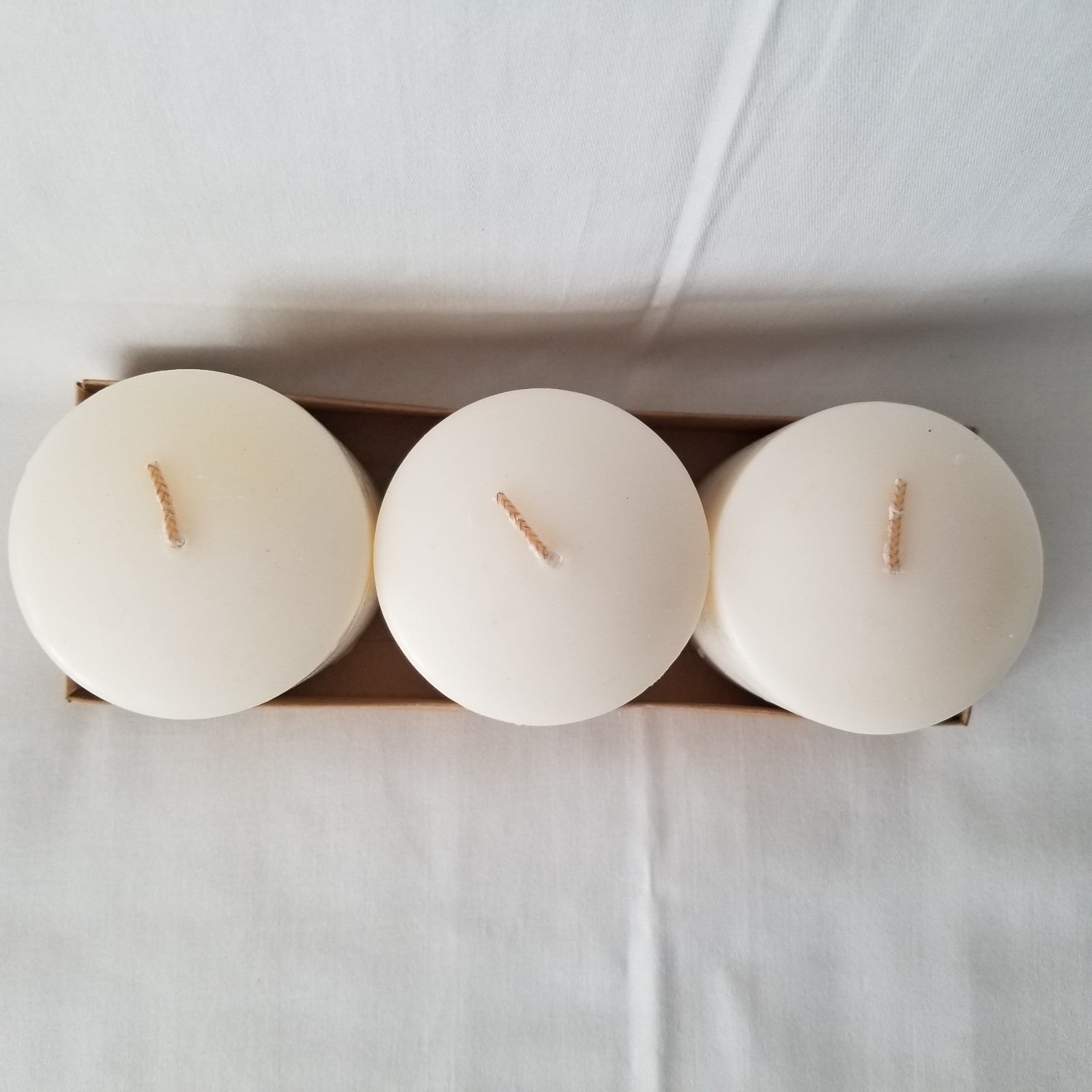 3 – Off White 3 x 3 inch Piller Candles New in Open Box Unscented