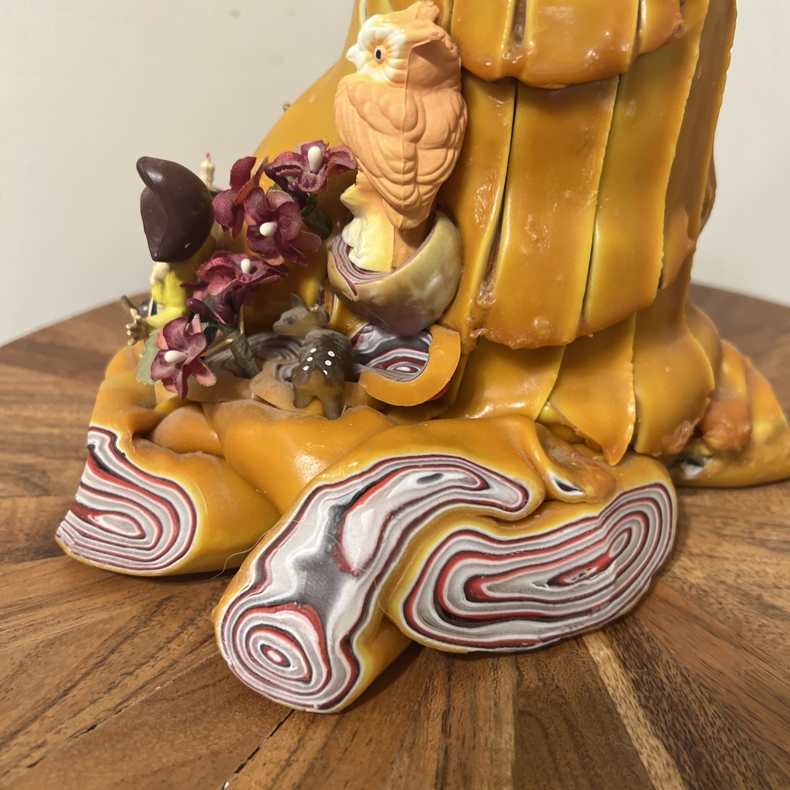 Vintage Candle Woodland Sculpted Tree Stump Elf Deer Owls Hand Carved Wax Art