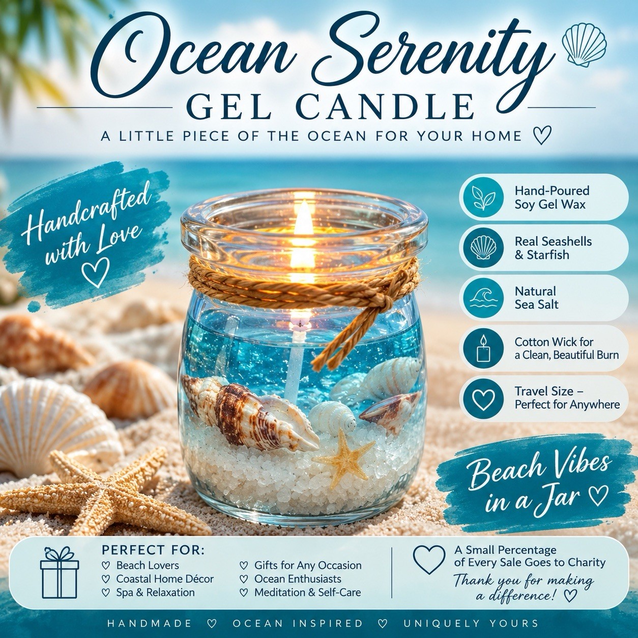 Handmade Ocean Florida Gel Candle Soy Wax Real Seashells, Sea Salt & Starfish