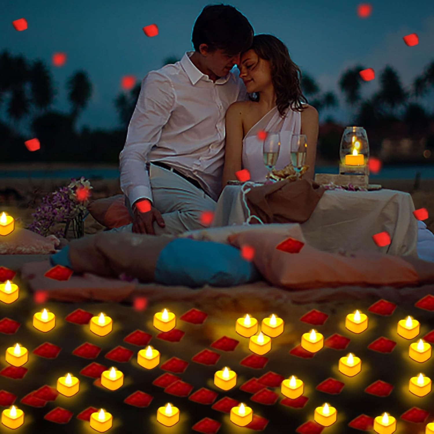 Rose Petals and Candles Set for Romantic Decoration, 24 Pcs Heart Candle Lights