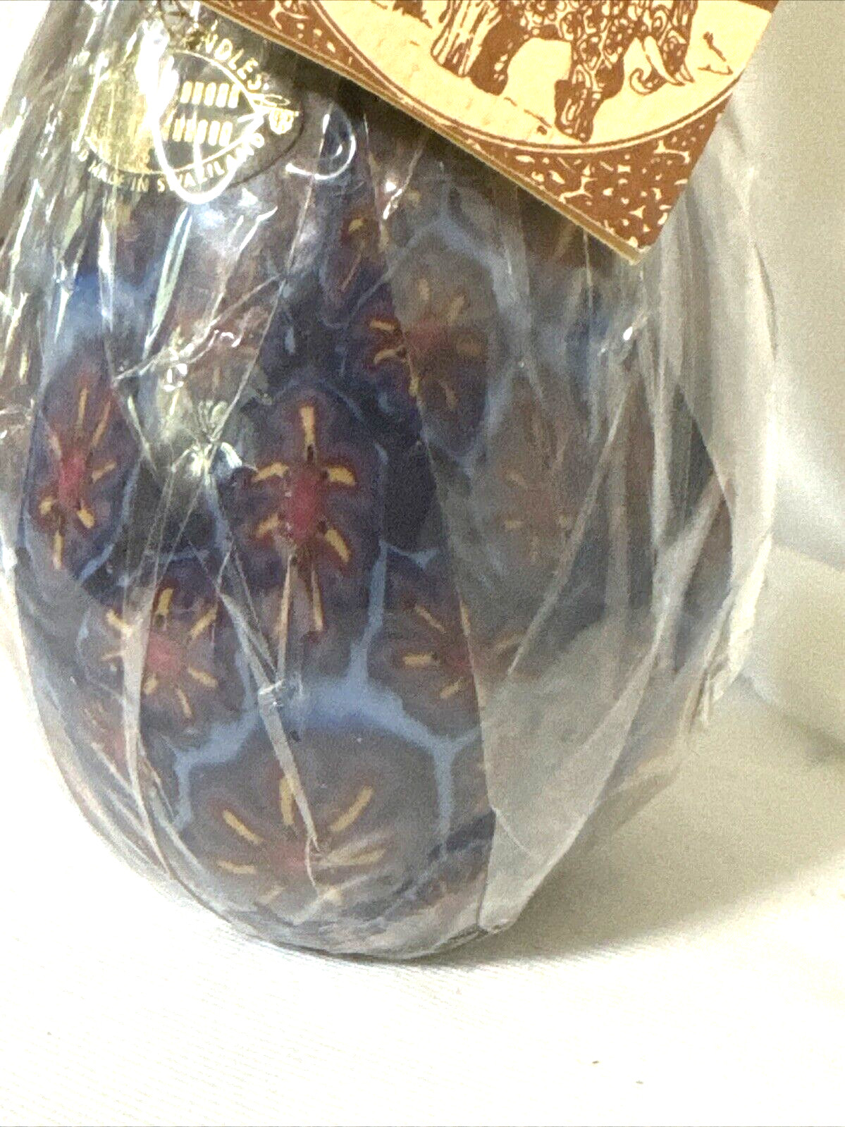 Vintage SWAZI Wax Candle Handmade in Swaziland Egg Shaped Red/Blue Flowers 5.5”