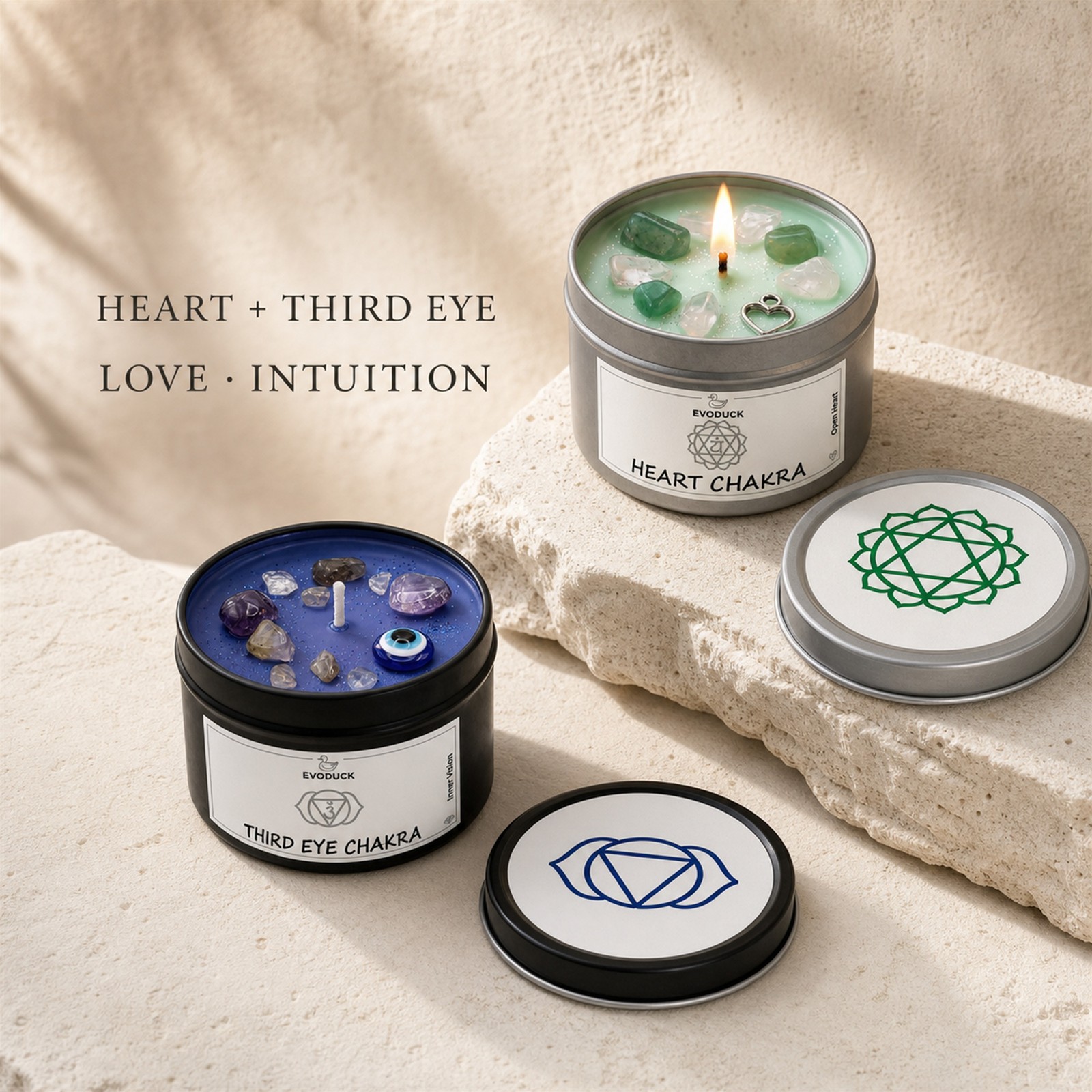 2-Piece EVODUCK Heart & Third Eye Chakra Healing Candles, Crystals