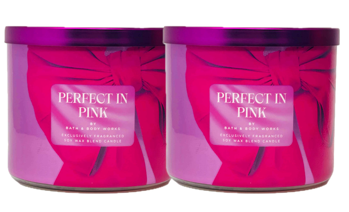 2 BATH & BODY WORKS PERFECT IN PINK 3-WICK FRAGRANCED SOY WAX BLEND CANDLE NEW