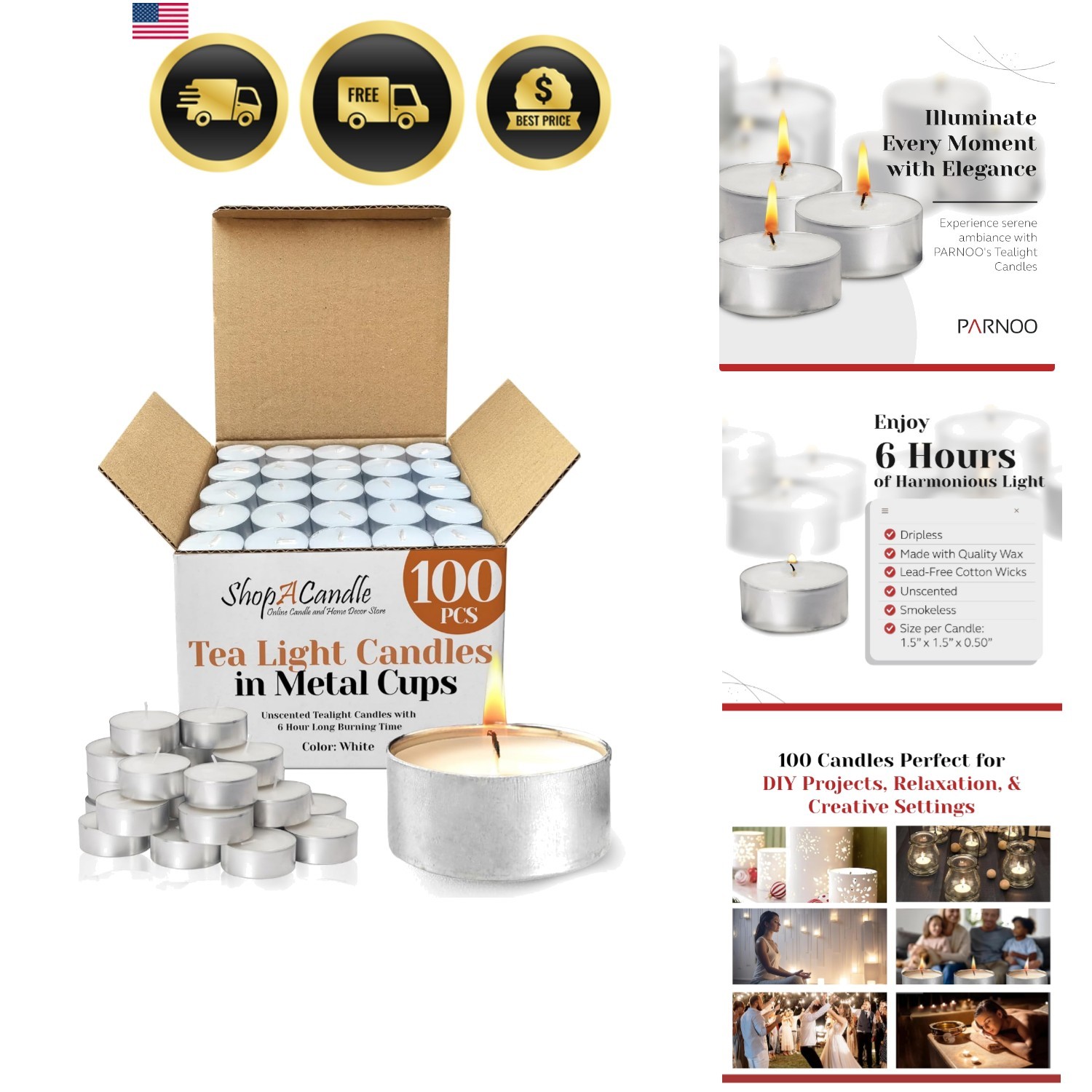 100 Pack Tealight Candles in Metal Cups – Clean White Unscented with 6 Hour L…
