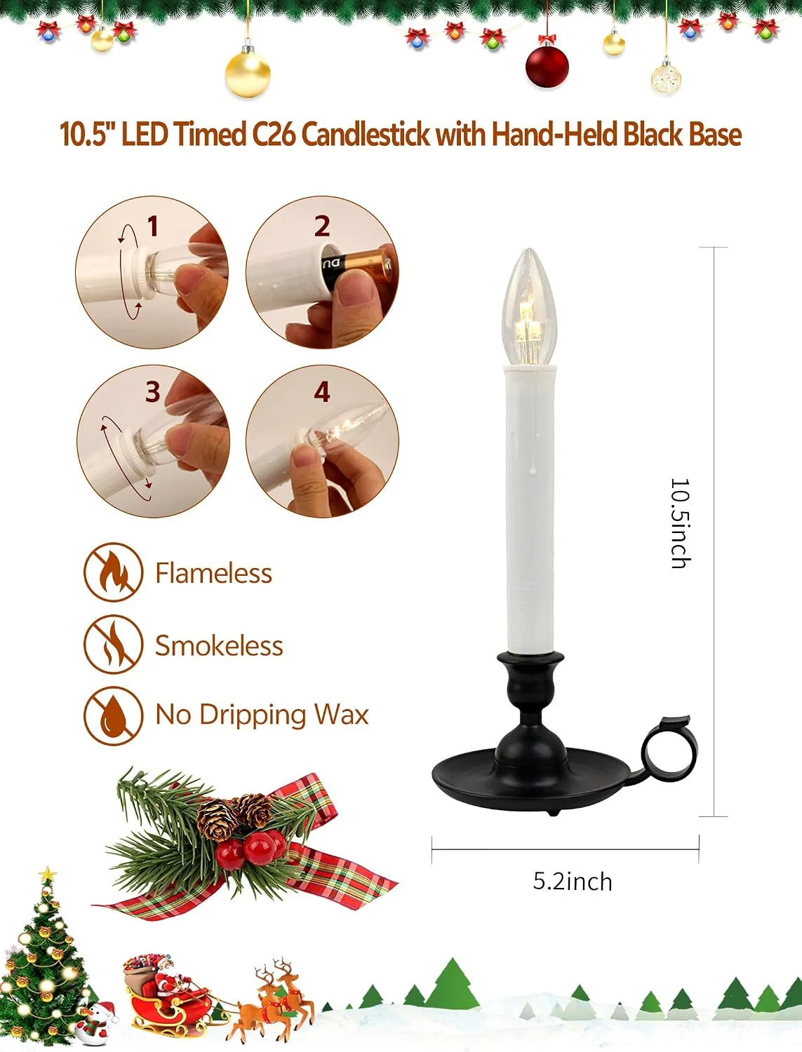 4Pk Christmas Window Candle Light 11In Battery Operated Candle with Timer | Flam