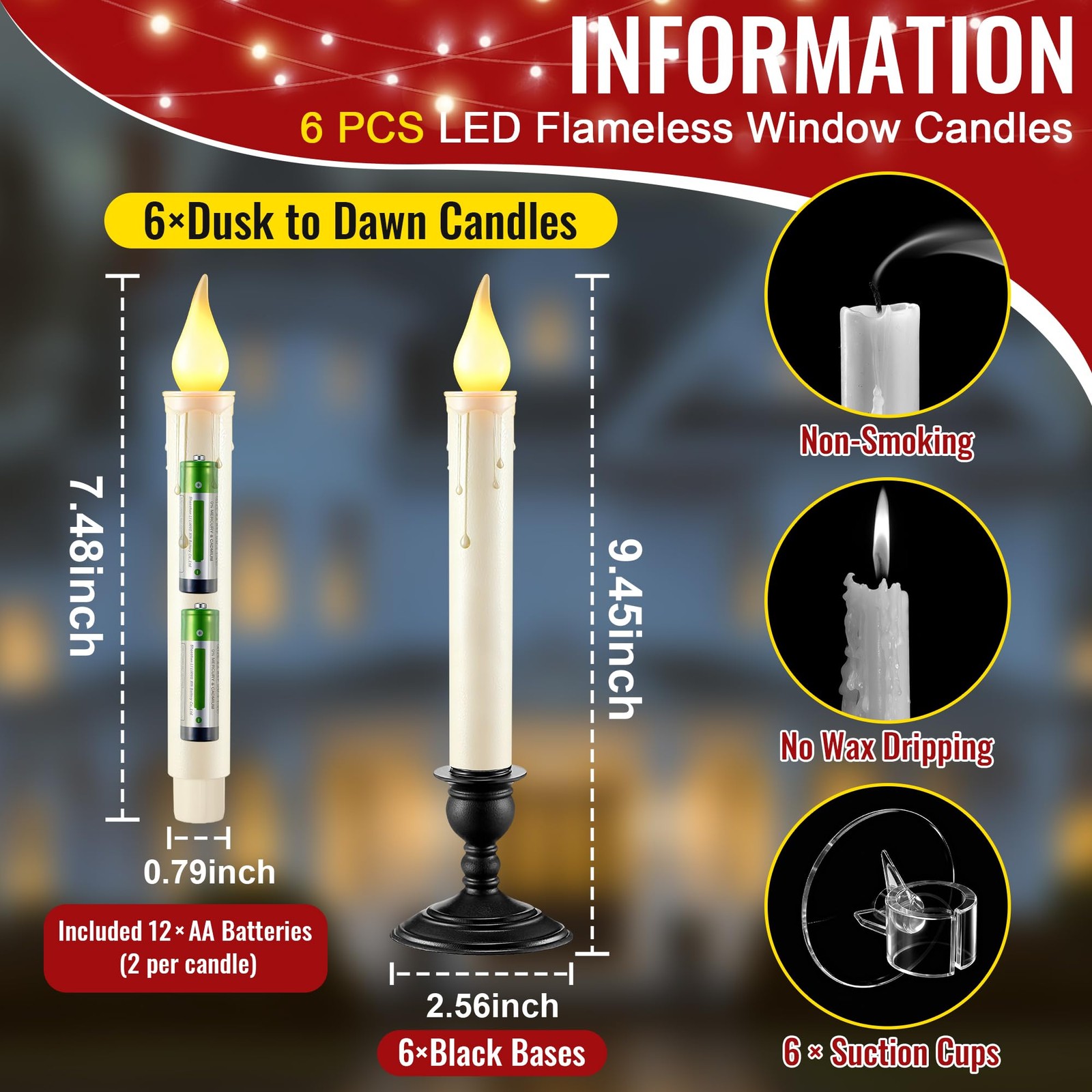 6 PCS LED Window Candle Dusk To Dawn Sensor Ivory Flameless Black Base
