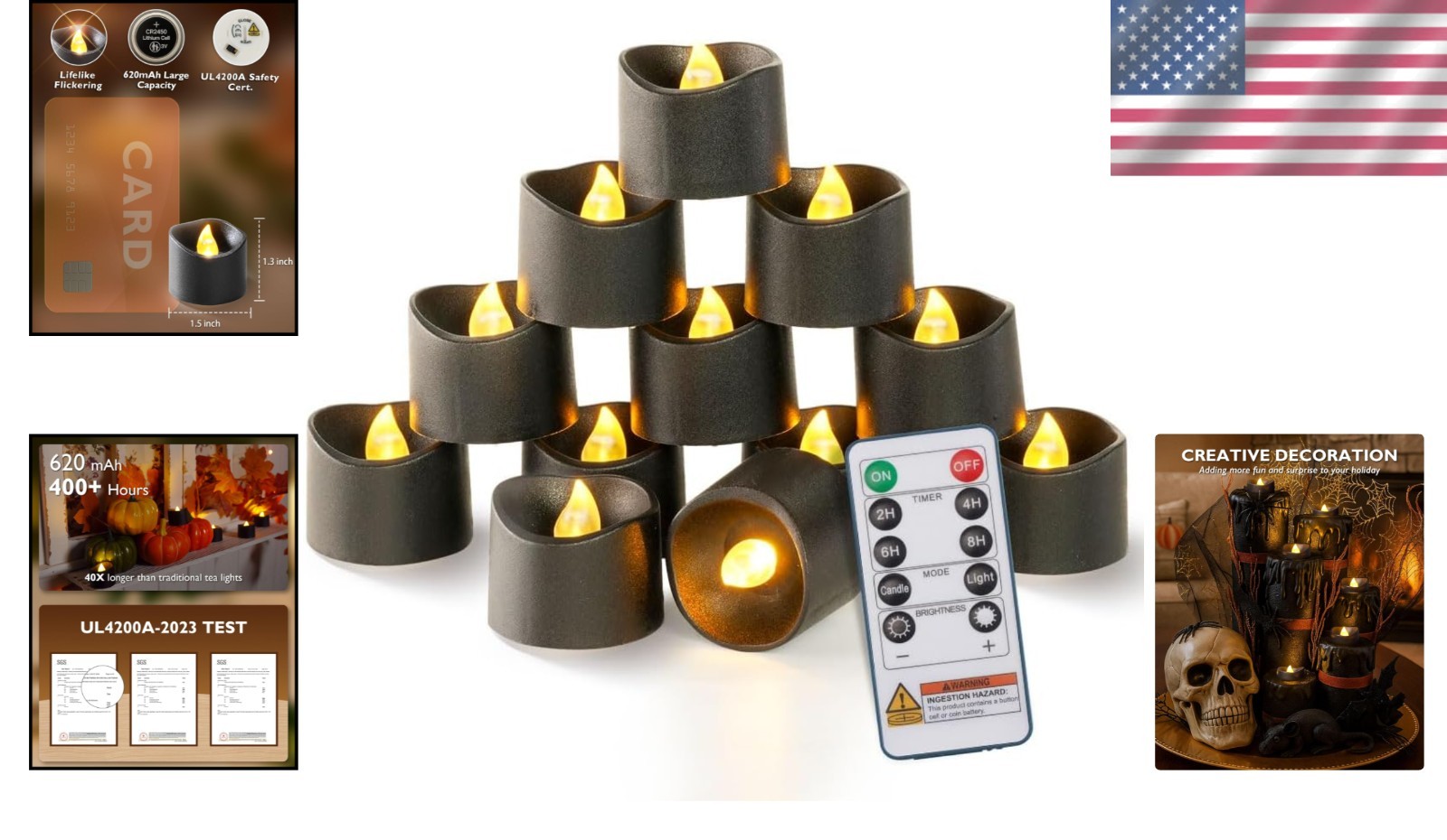 Flickering Black Flameless LED Tealights – 10-Key Remote & 400-Hour Battery Life