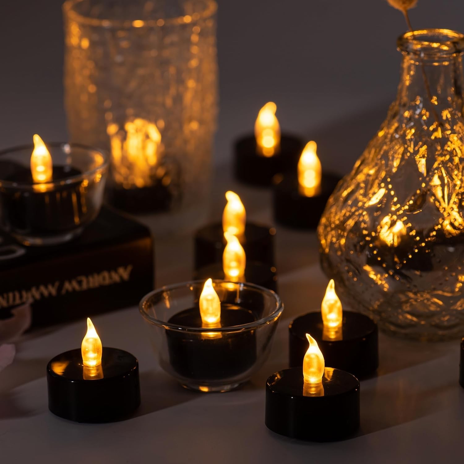 Lasts 2X Longer Black Flameless Tealight Candles, 40 Pack, 1.5″x1.4″,
