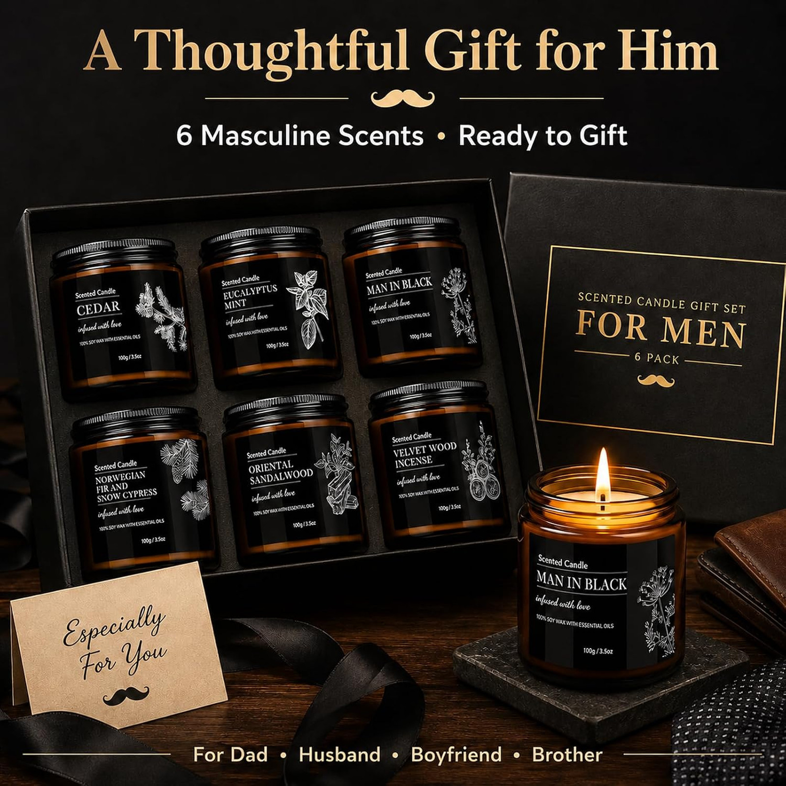 Scented Candles for Men, Soy Wax Gift Set, cedar eucalyptus sandalwood aromatic