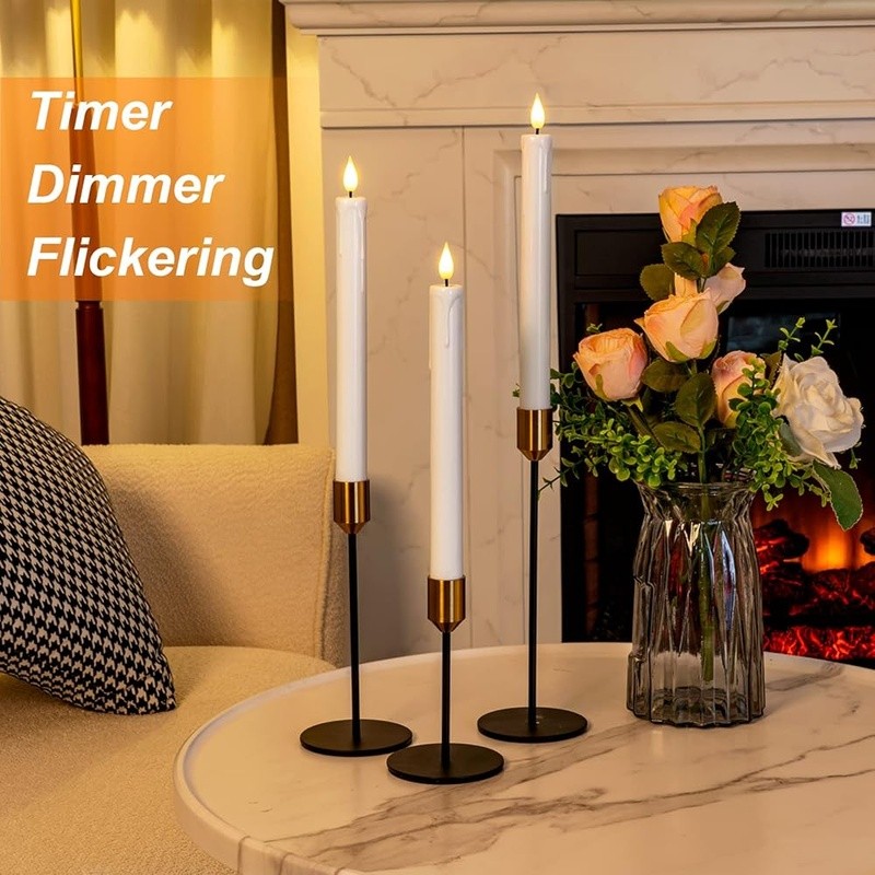 Flameless Taper Candles W/ Remote Timer Dimmer 3D Flame Battery Operated Decor