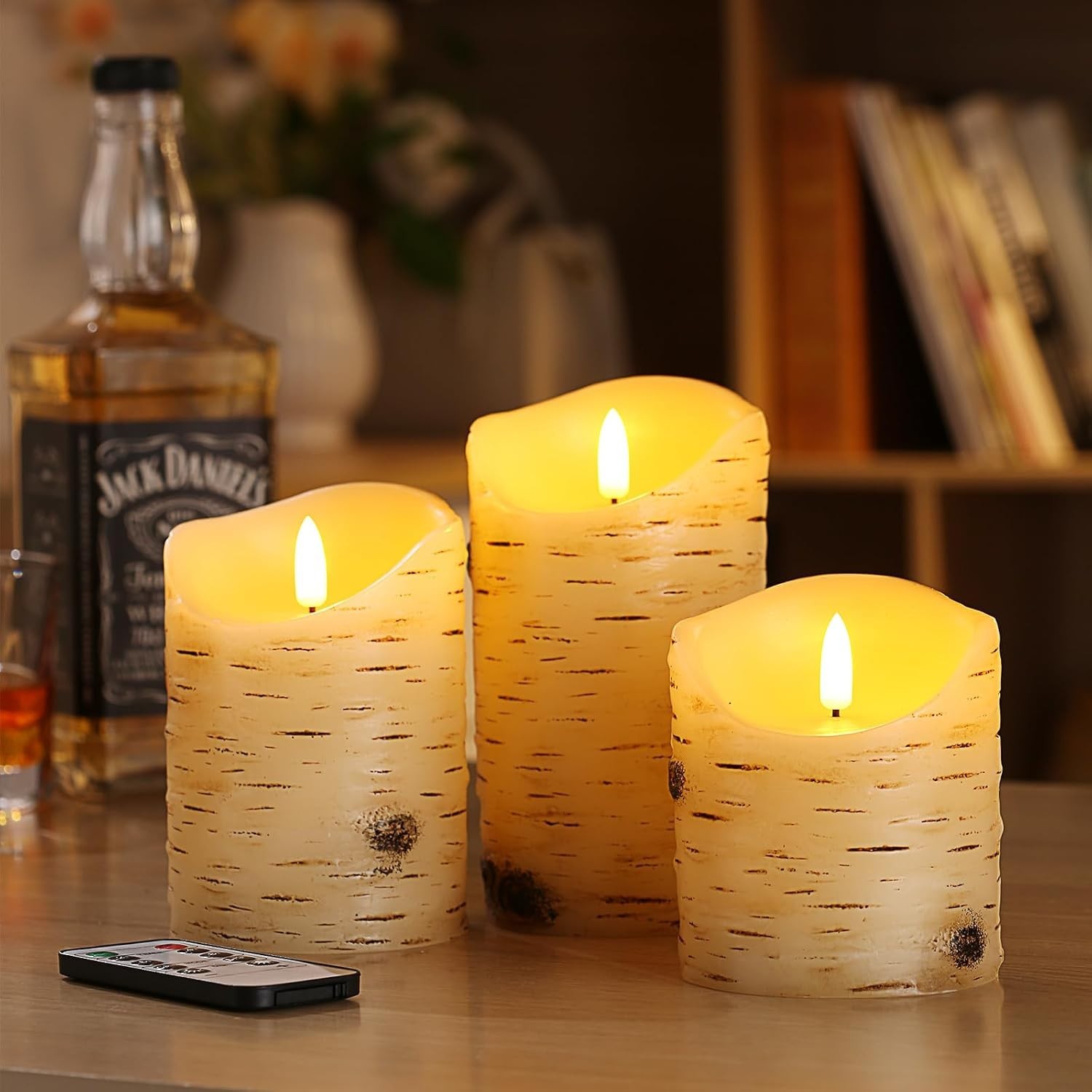 Flameless Candles LED Candles Birch Bark Set of 3 D 3.25″ x H 4″ 5″ 6″ Ivory …