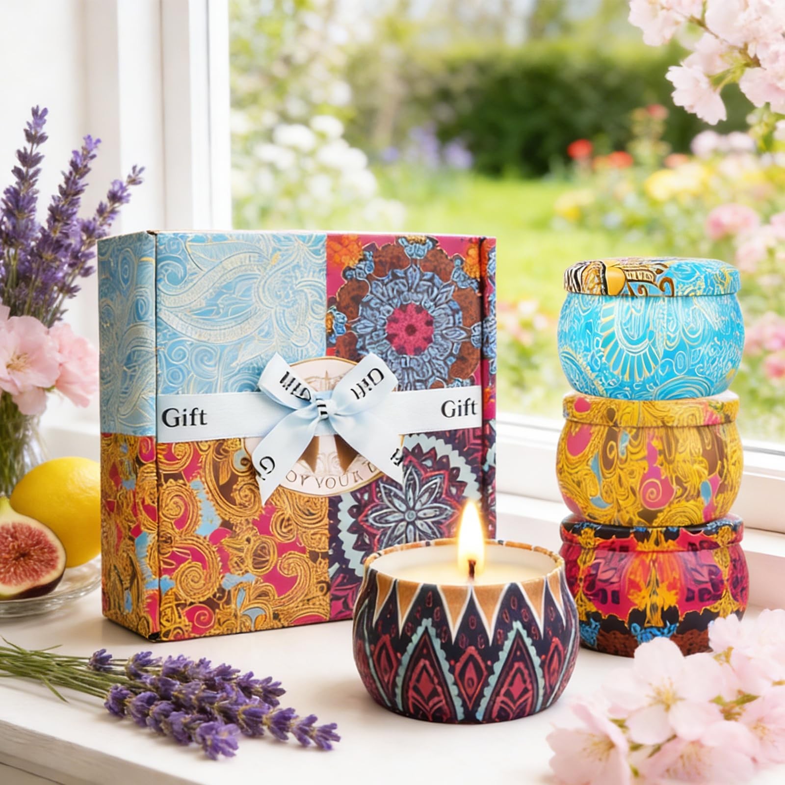 Scented Candle Gift Set 4 Pack Soy Wax Lavender Fig Lemon Spring Aromatherapy