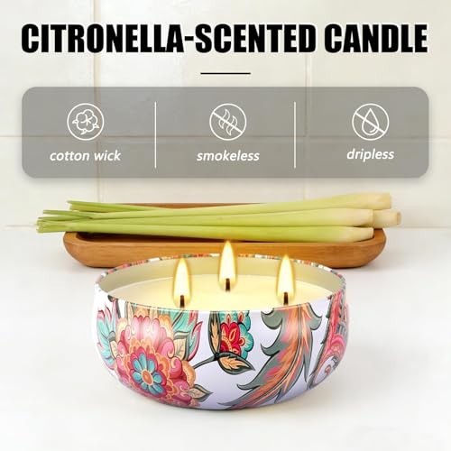 Citronella Scented 3 Wick Candle Soy Wax Boho Decorative Tin Indoor Outdoor