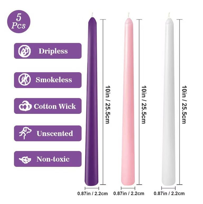 10 Inch Advent Taper Candles 5 Pack Dripless Long Burning Unscented Candlest…