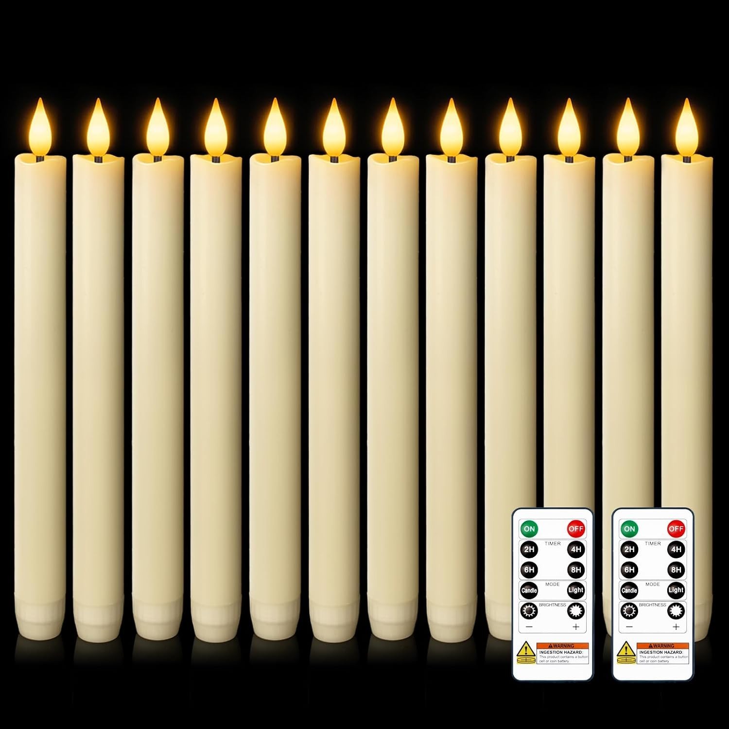 12 Pcs Ivory Flameless Taper Candles with Remote – Dimmable Flickering Light