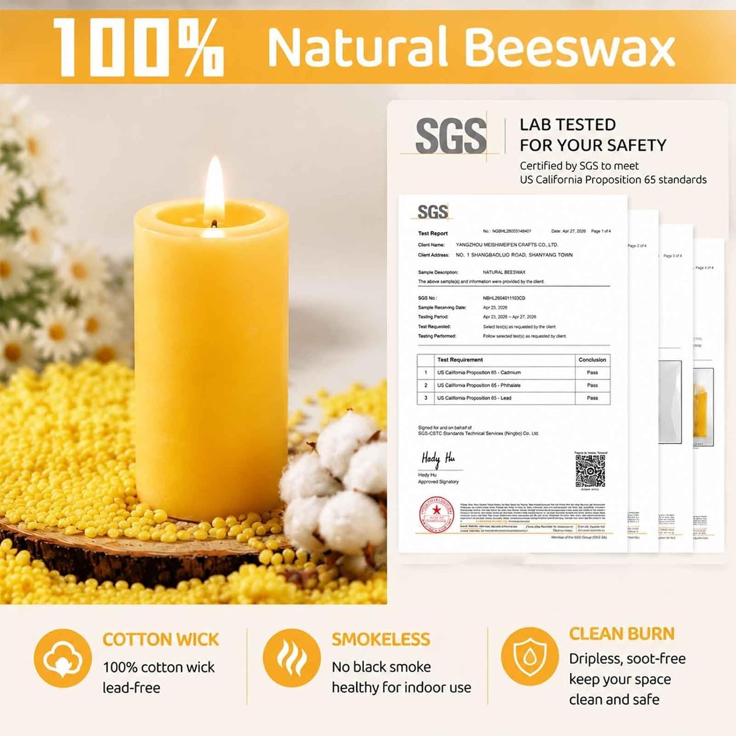 100% Pure Beeswax Pillar Candles 6-Pack