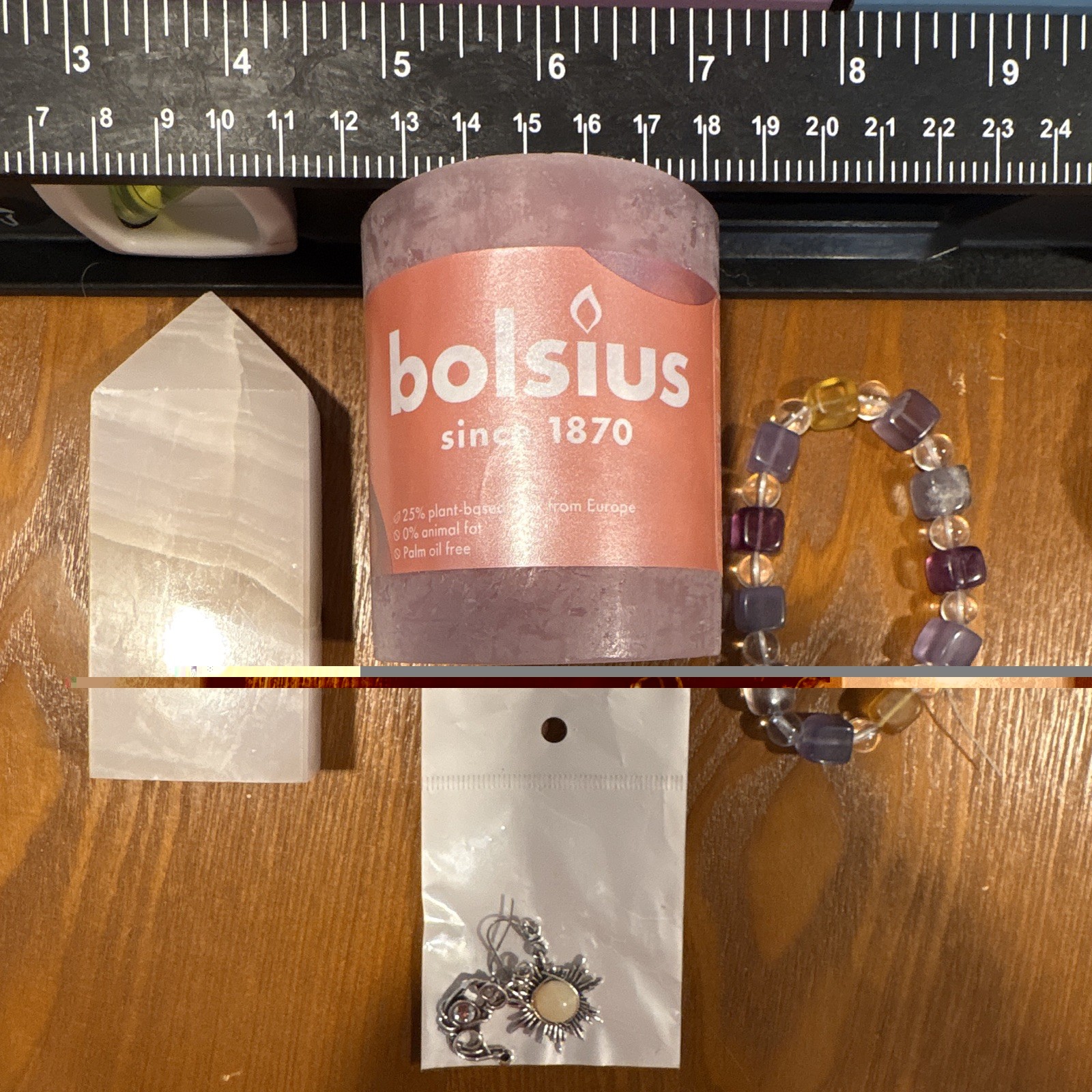 Bolsius Pillar Candle 4in x 3in Wax Candle, Crystal, earrings & bracelet
