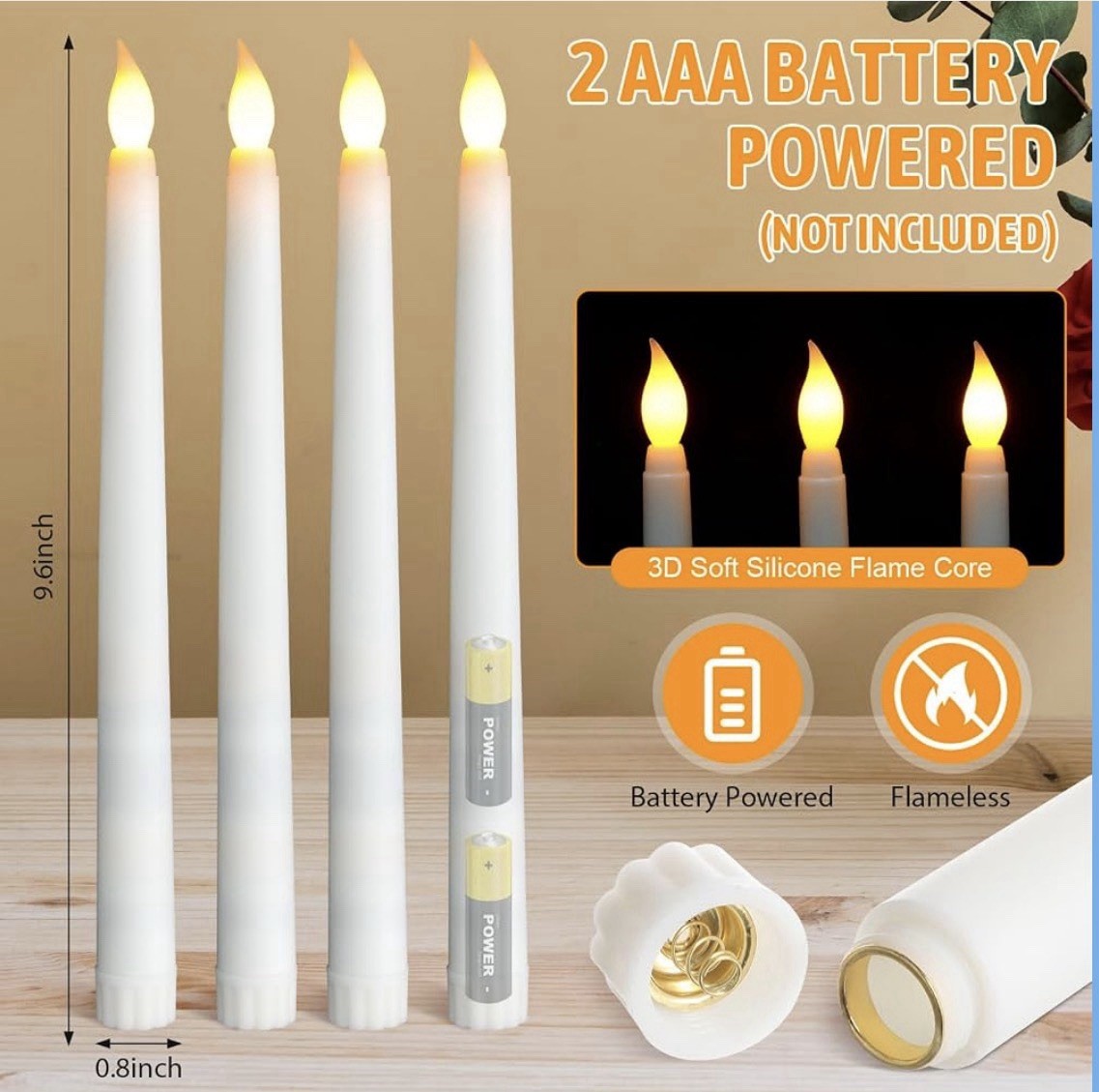 25pcs 9.7inch White Flameless Taper Candle Sticks LED Flickering Needs 2AAA Each