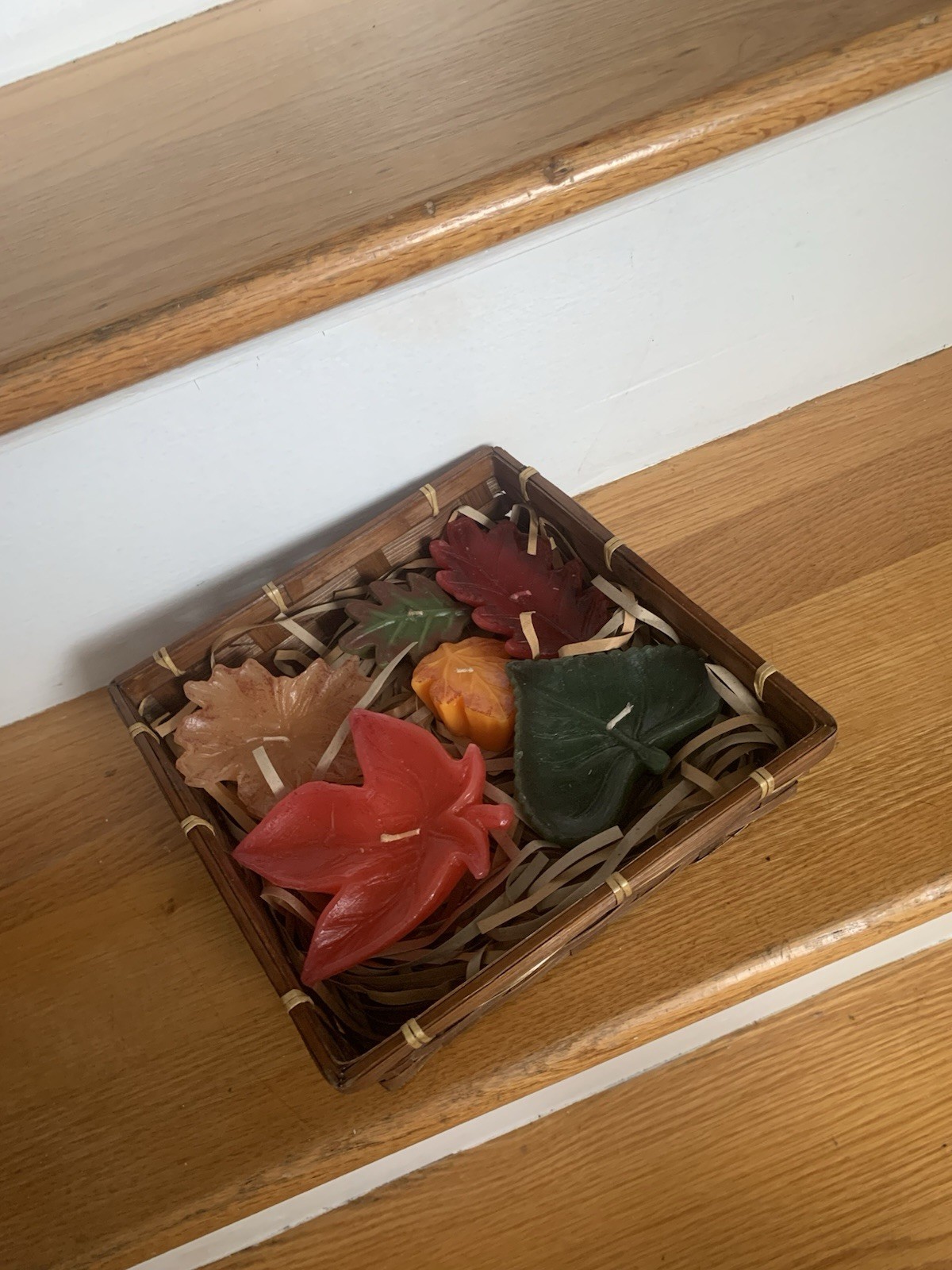 Autumn Candle Leaves Set Of 6 In Basket Never Used Unscented Candles