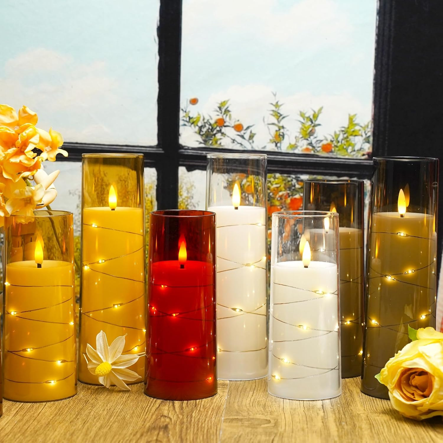 Nimiko Flickering Flameless LED Candles, 9 Pcs with Embedded Star String, Acryli