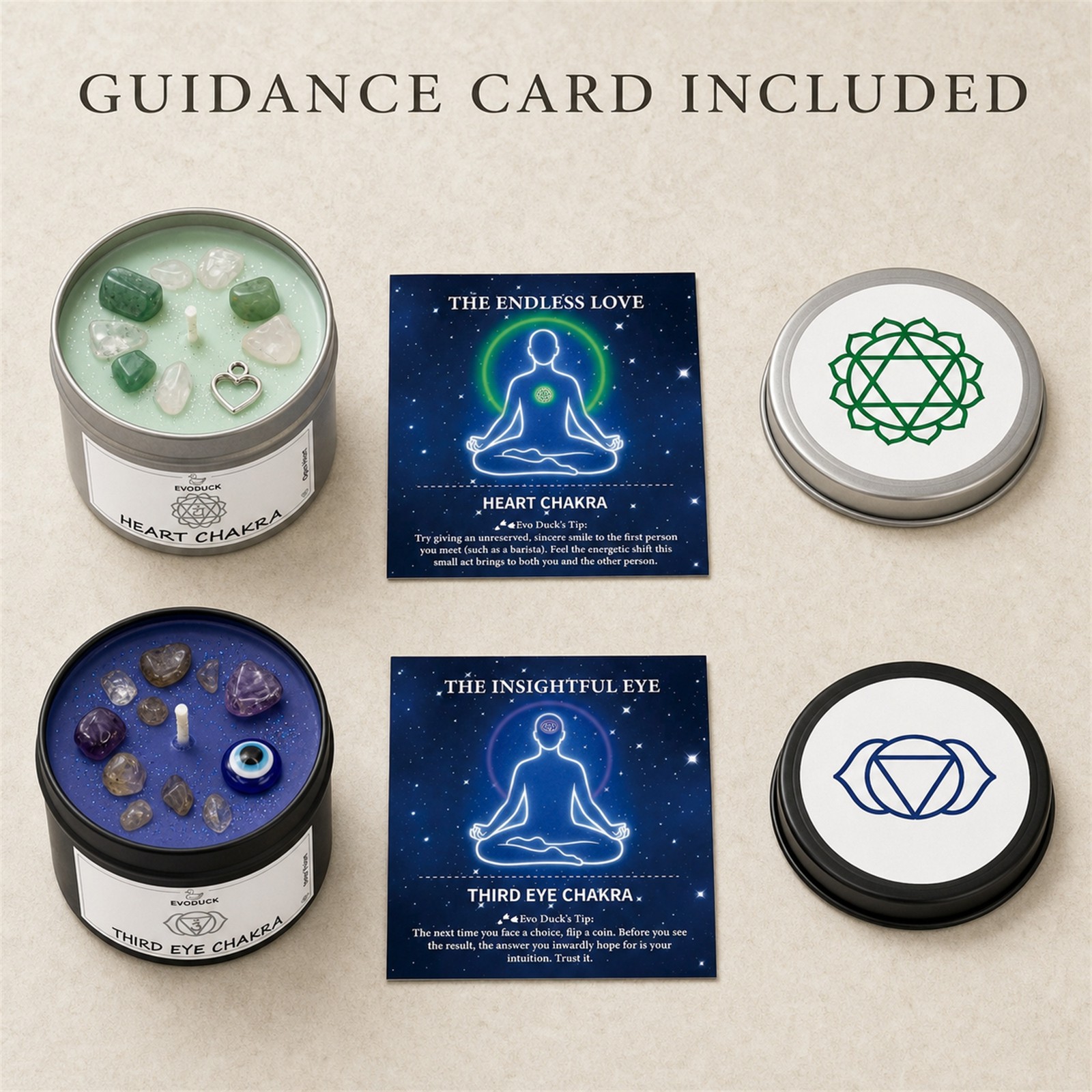 2-Piece EVODUCK Heart & Third Eye Chakra Healing Candles, Crystals