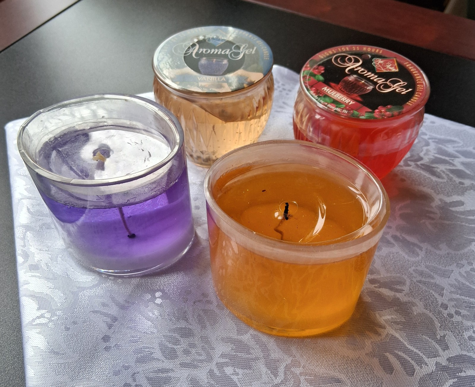 Gel Candle Lot of 4 McAuley’s Vanilla and Mulberry, Purple and Yellow Oval 3″