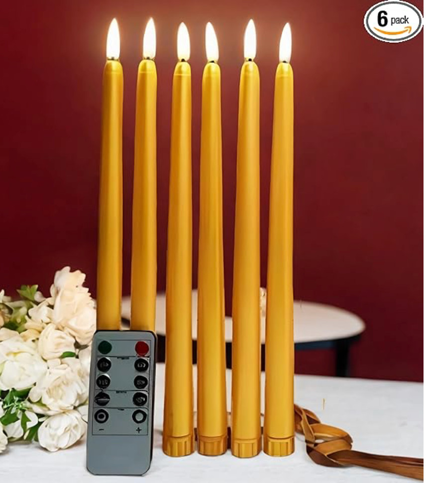 6 Gold Flameless Taper LED Candles Remote Timer Battery Operated Used Once 2 AAA