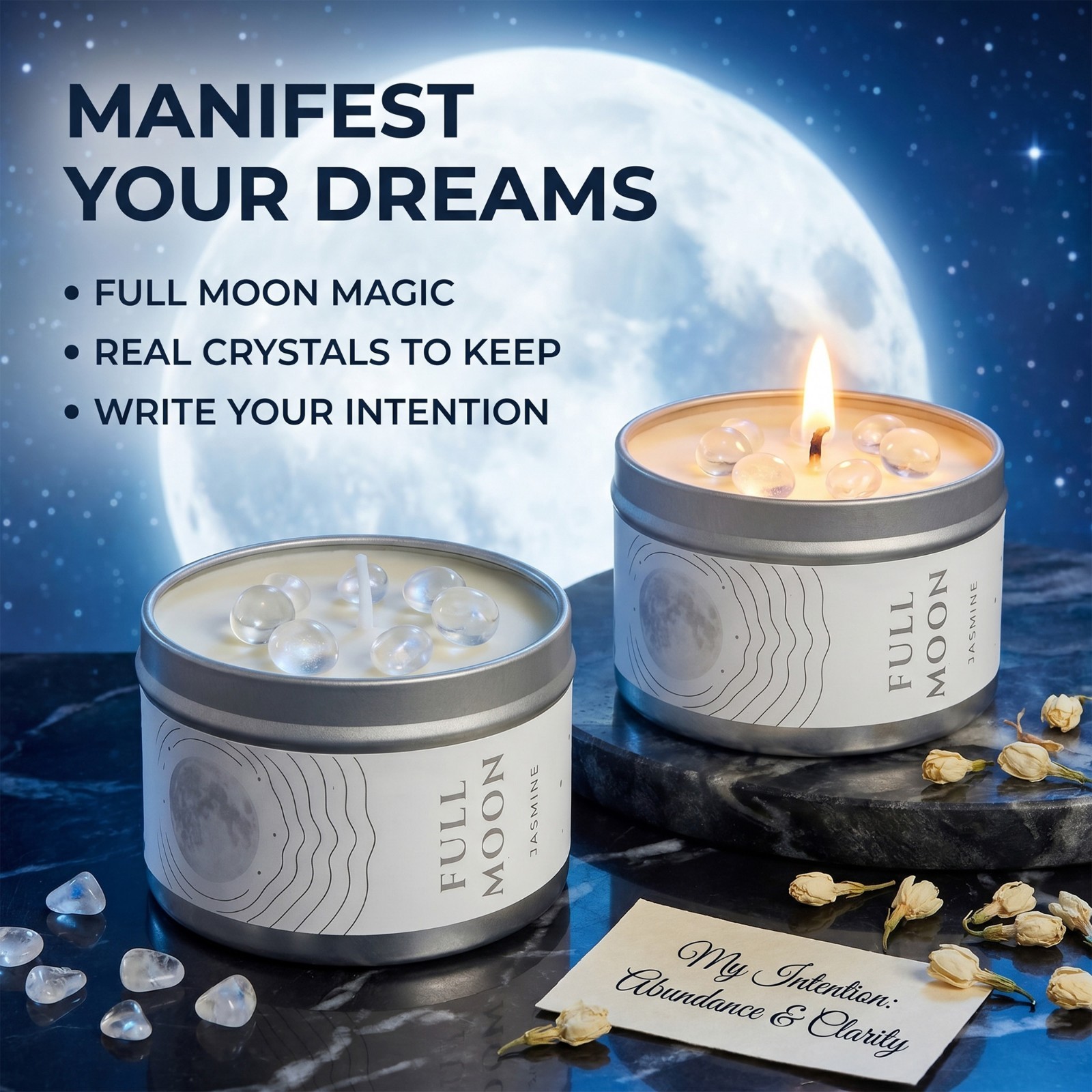 2 Pack Full Moon Candle Crystal Soy Manifestation Witchy Celestial Ritual Gift
