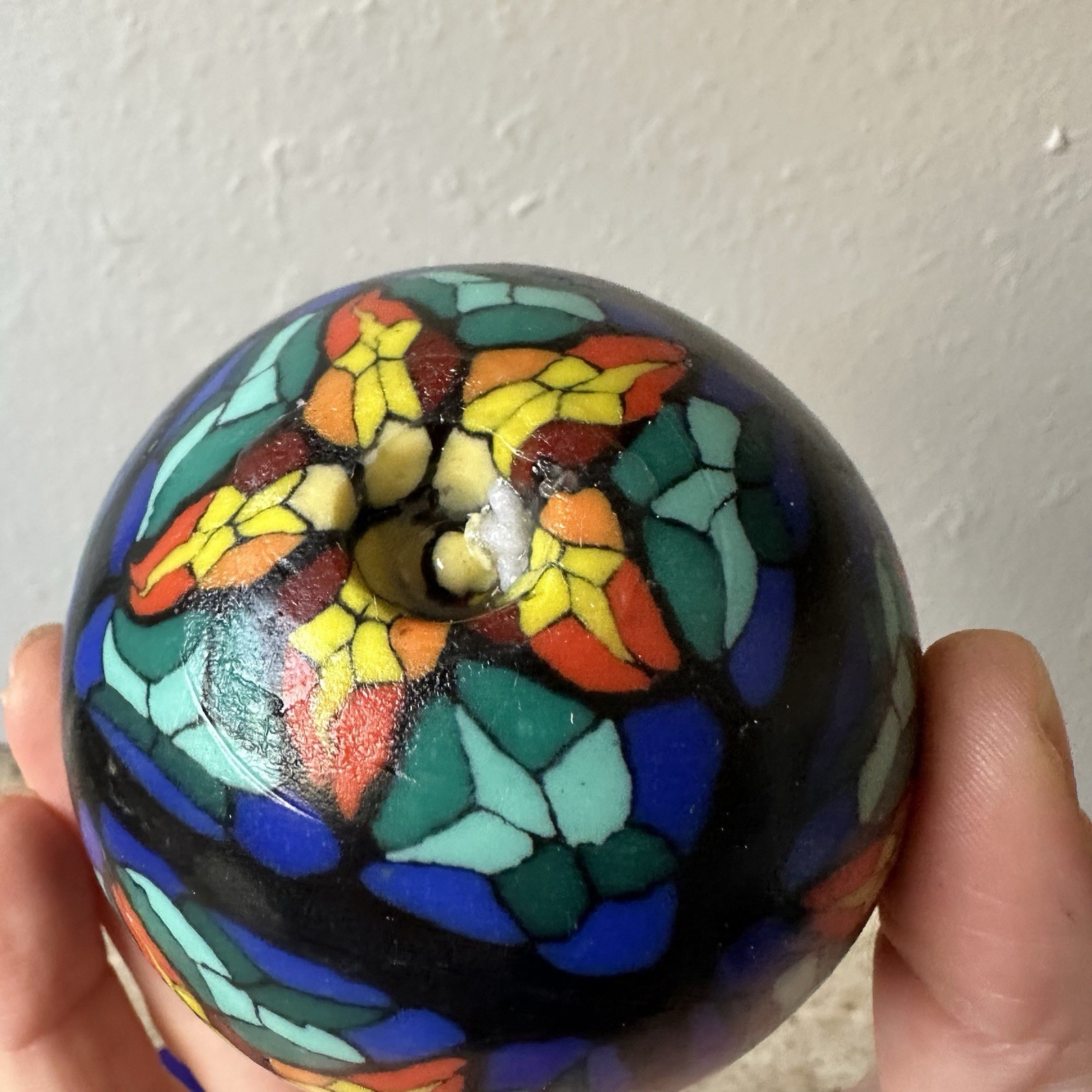 VTG 90s Candle Round Glowing Ball Star Stained Glass Millefiori Mosaic With Box