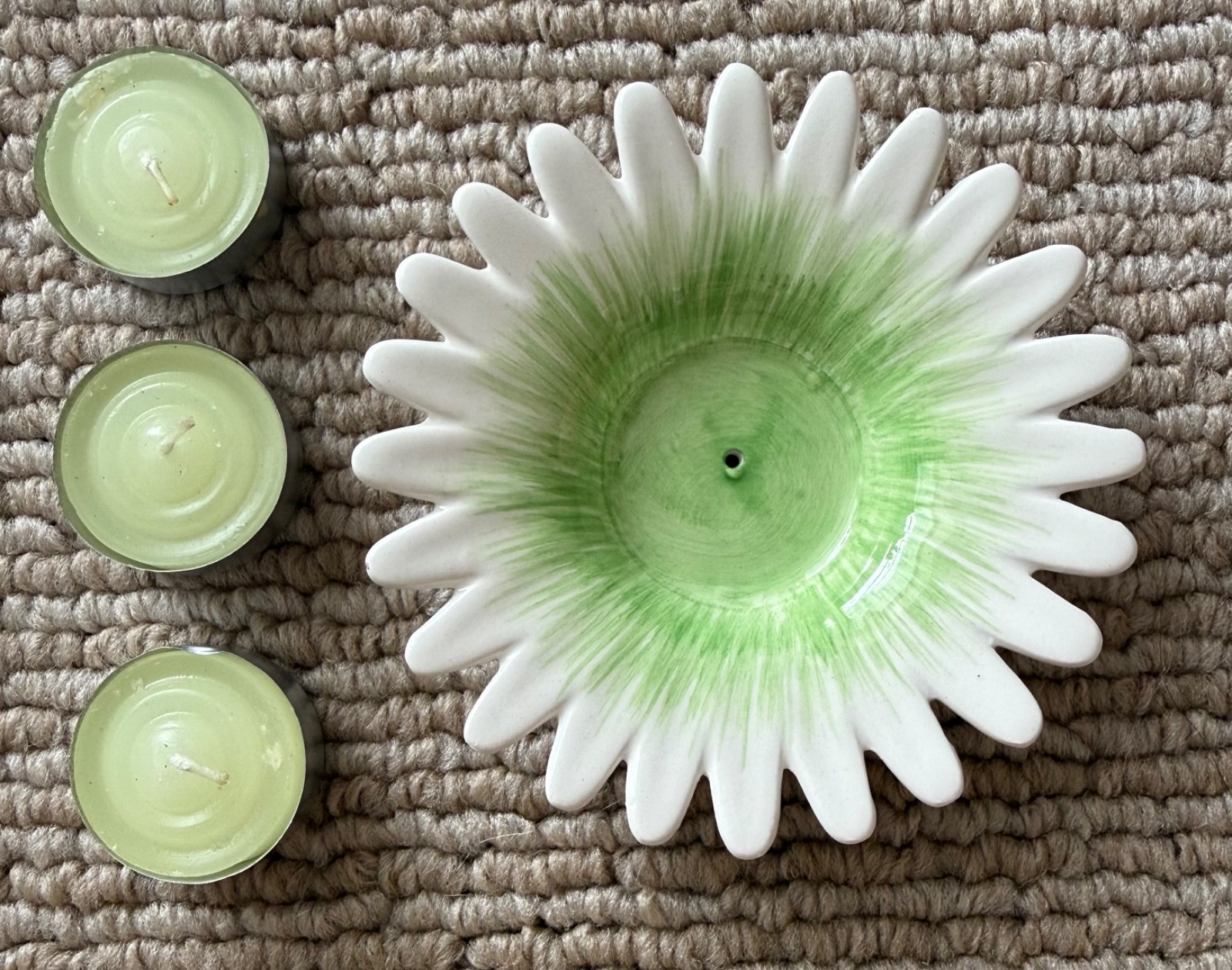 3 Tea Light Candles & Incense With Flower Petal Holder Dish