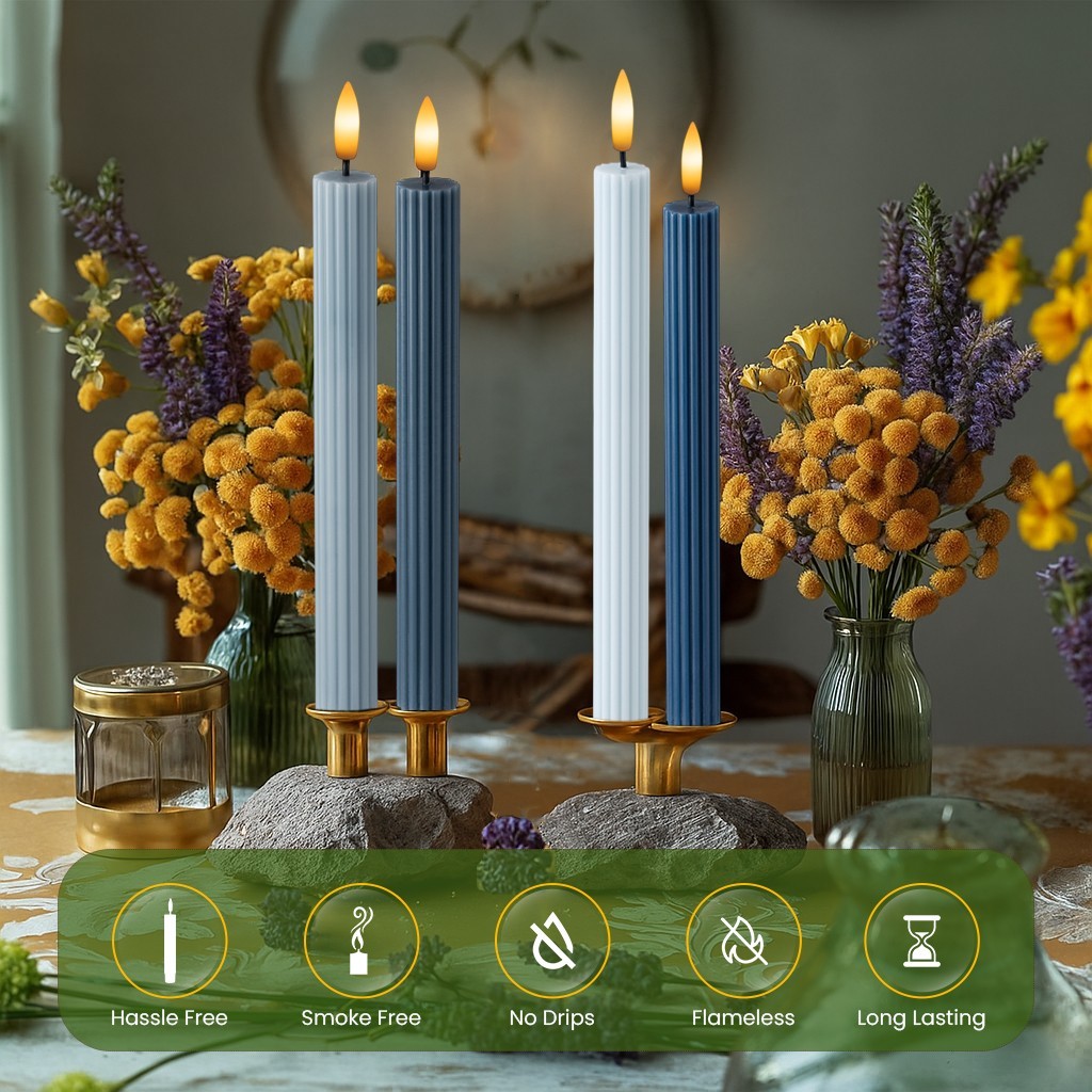 10″ Fluted Ribbed LED Blue Grooved Pillar Candles Remote & 24h Timer Memory